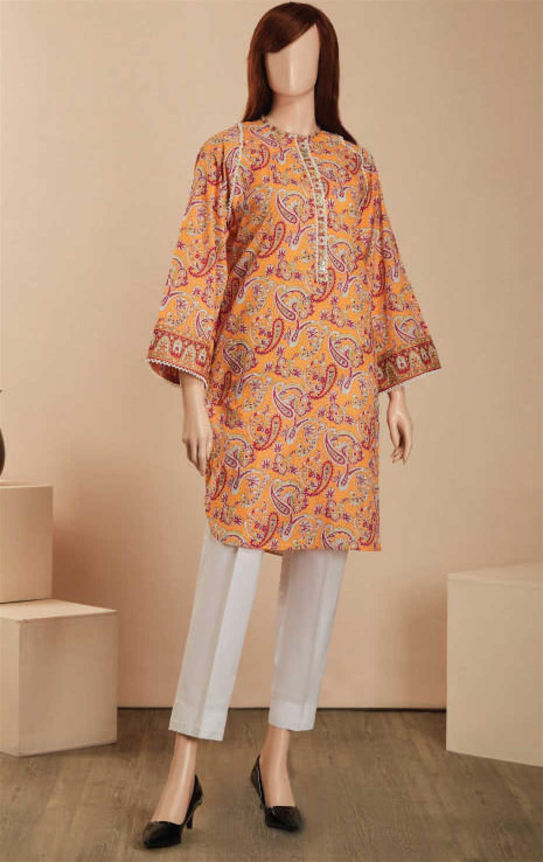 Orange 1 PC Printed Cotton Lace Embroidered Shirt