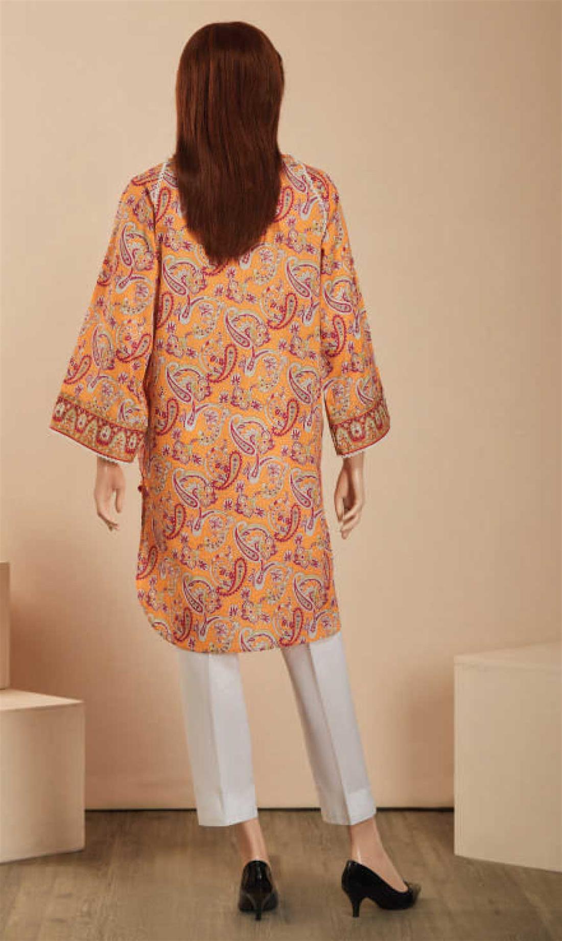 Orange 1 PC Printed Cotton Lace Embroidered Shirt