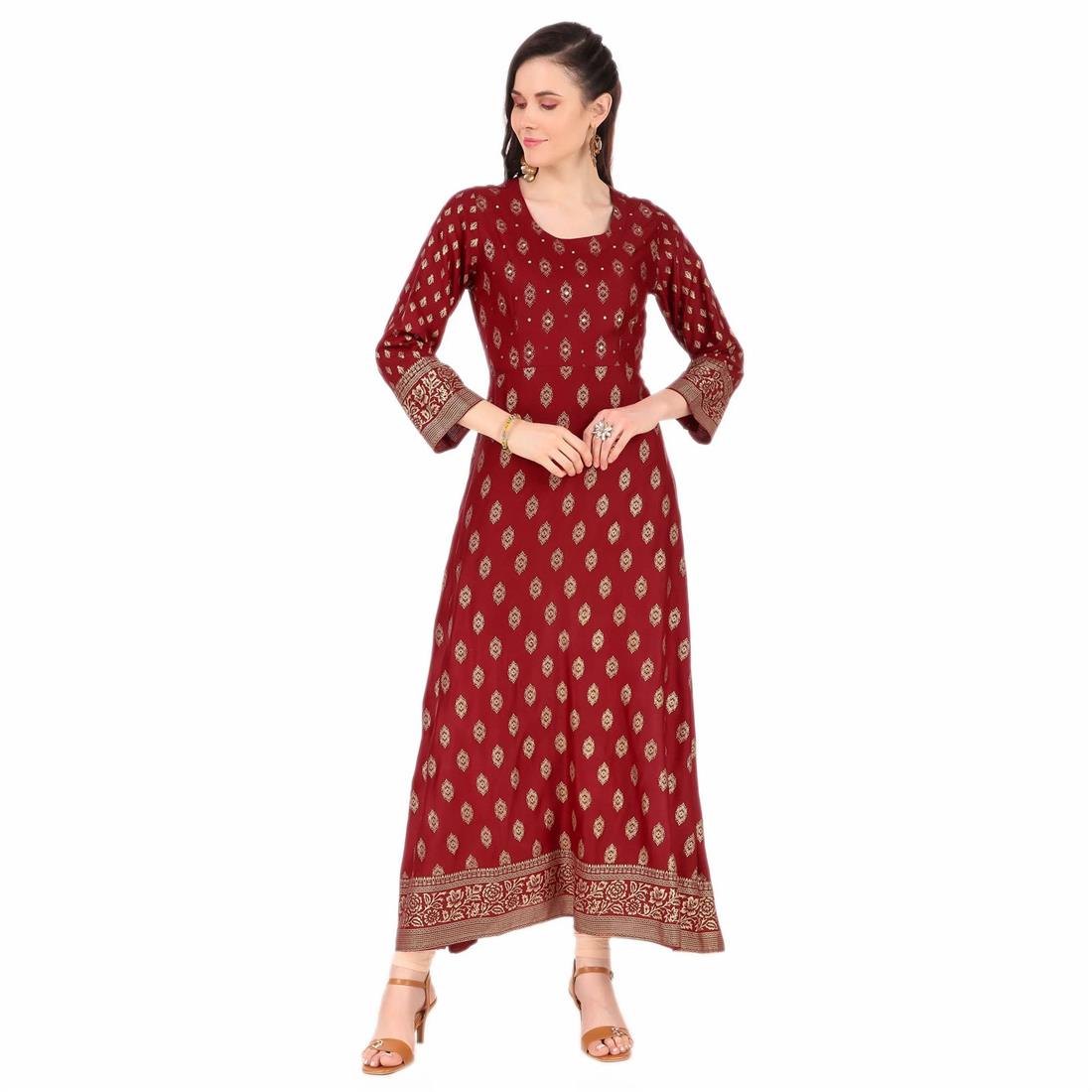 Maroon 1 PC Women Polka Print Rayon Flared Kurta