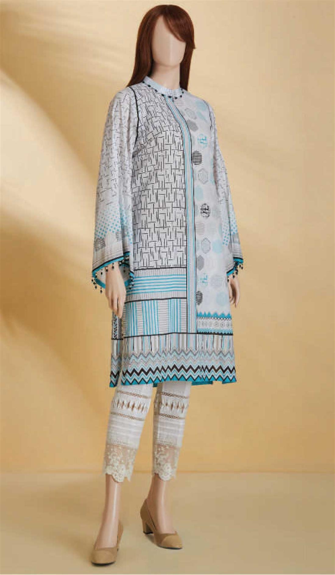 Light Grey Printed Cotton Lace Embroidered Shirt