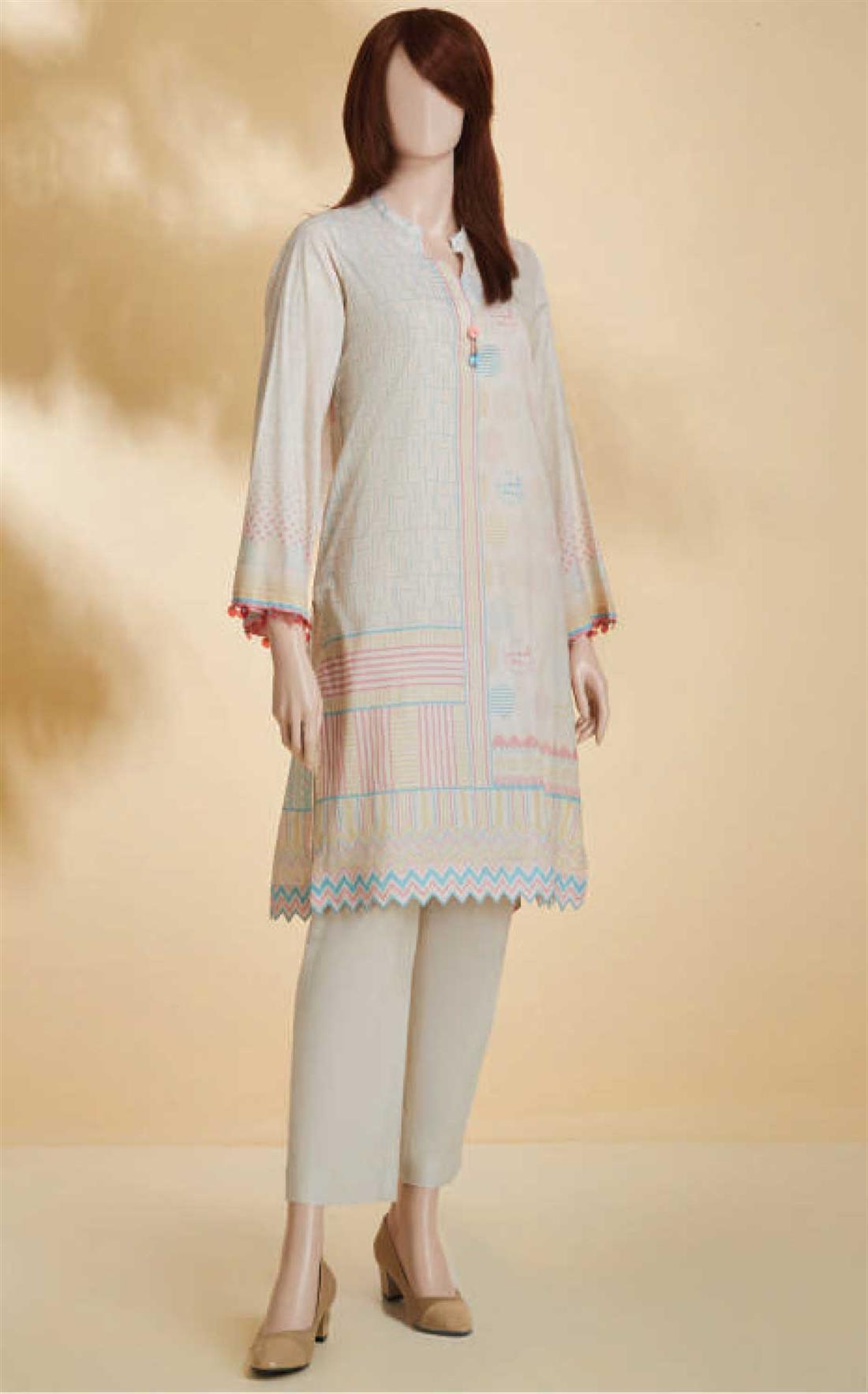 Cream Printed Cotton Shirt with Lace Embroidered