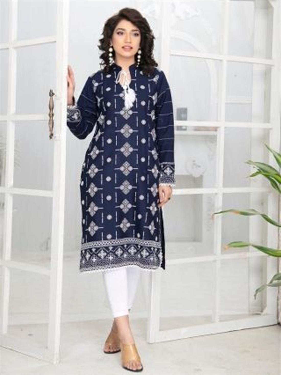 Navy Blue Embroidered Lawn Ladies Tunics and Kurta