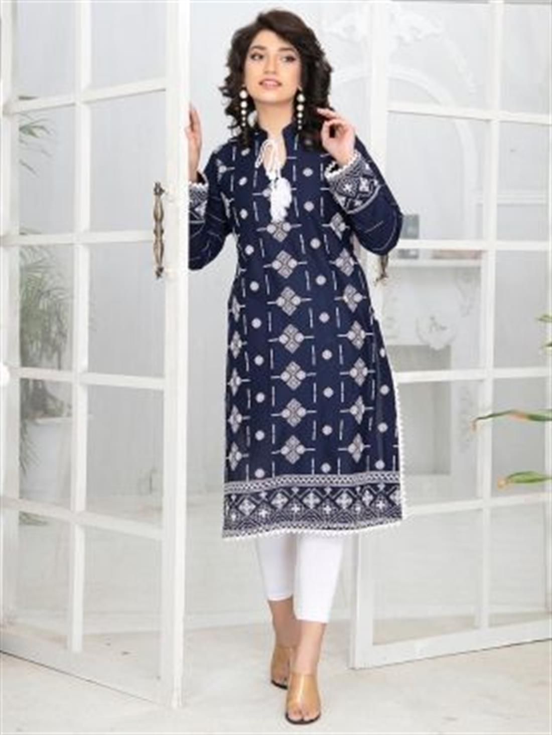 Navy Blue Embroidered Lawn Ladies Tunics and Kurta