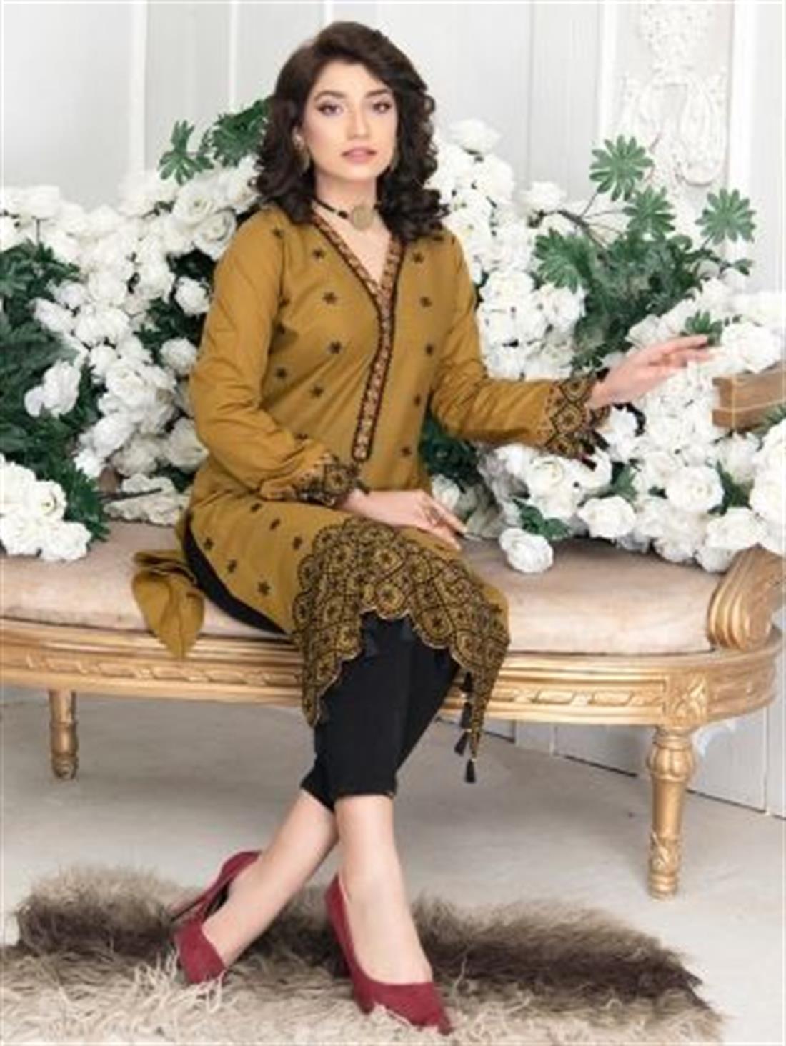 Mustard Embroidered Lawn Ladies Tunics and Kurta