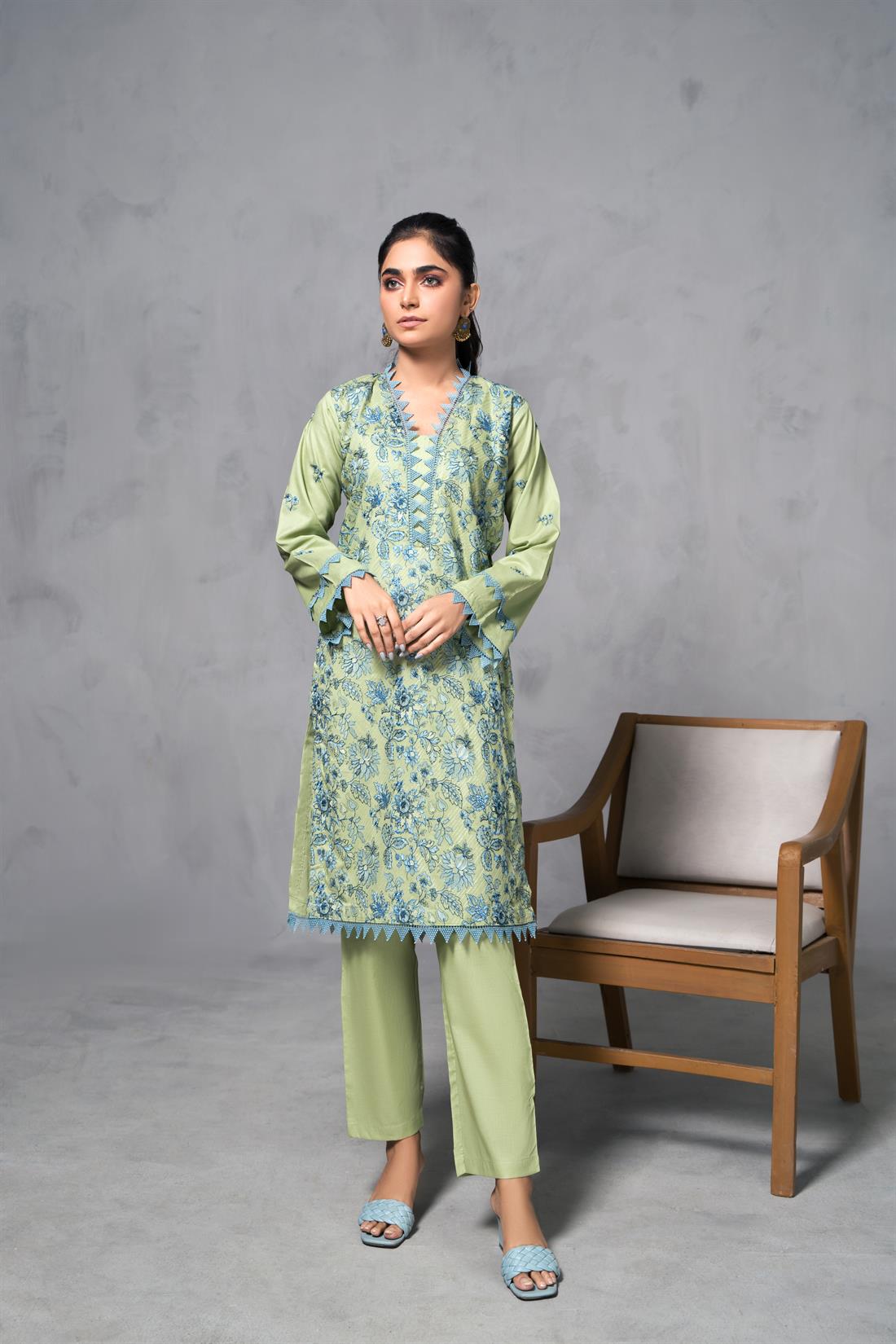 Mint Green Cotton Thread and Sequence Embroidered Kurta