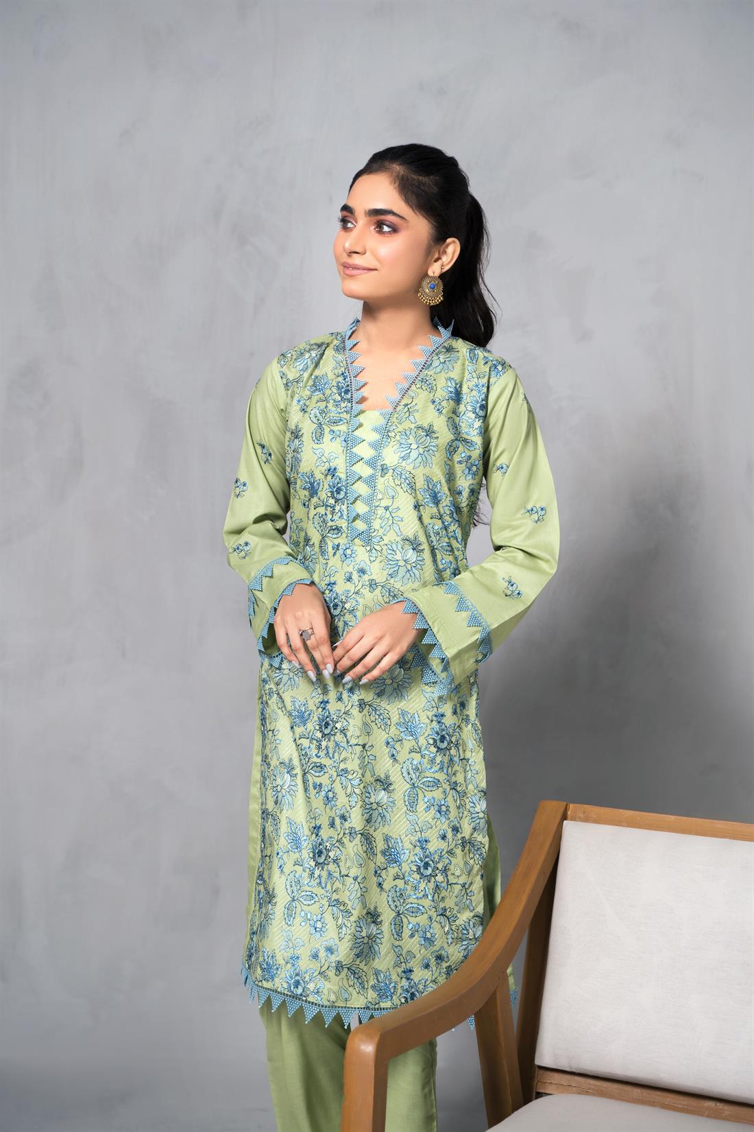 Mint Green Cotton Thread and Sequence Embroidered Kurta