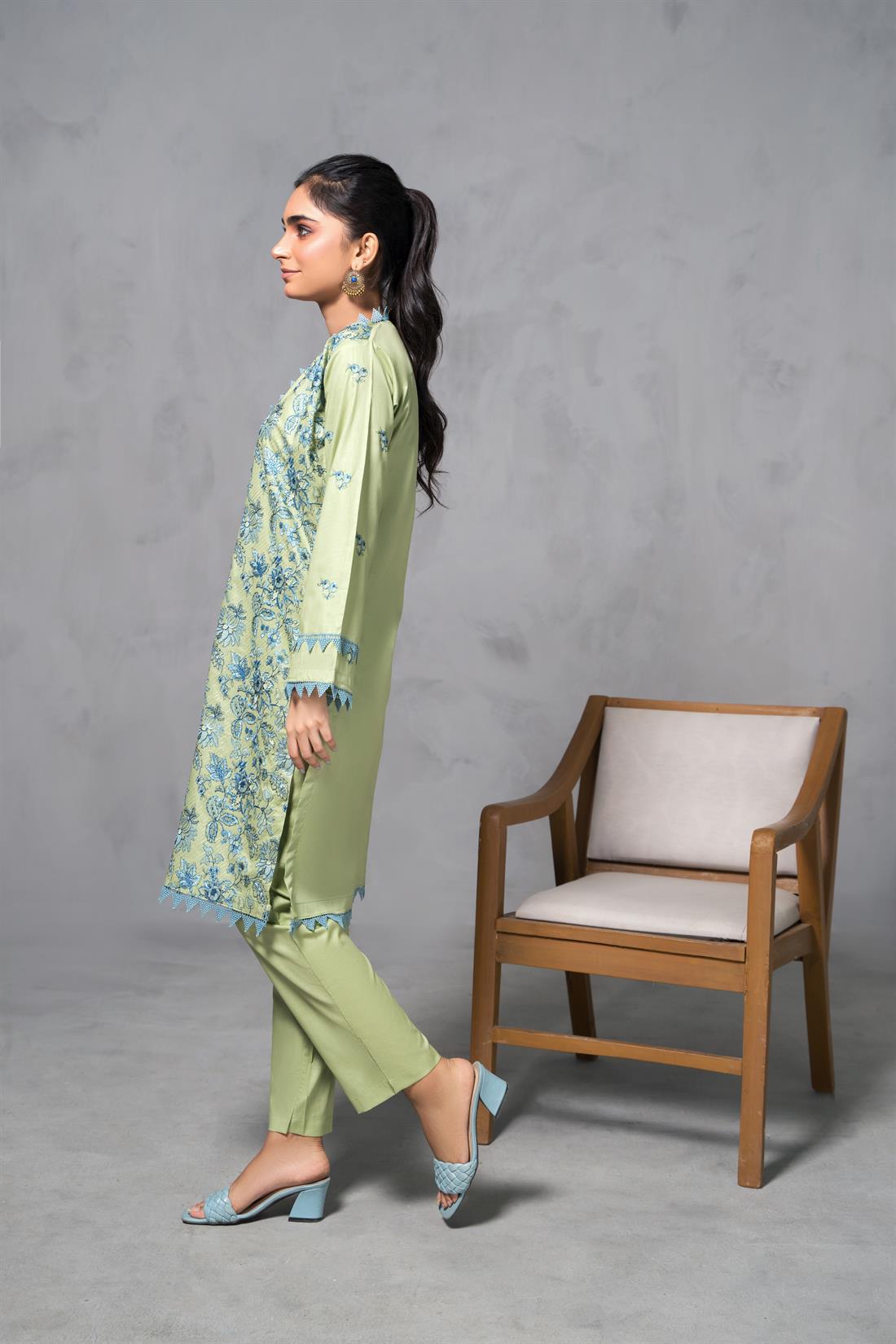 Mint Green Cotton Thread and Sequence Embroidered Kurta