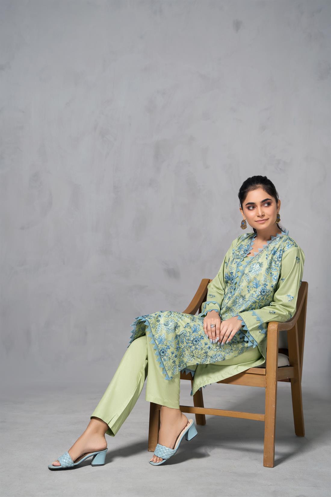Mint Green Cotton Thread and Sequence Embroidered Kurta