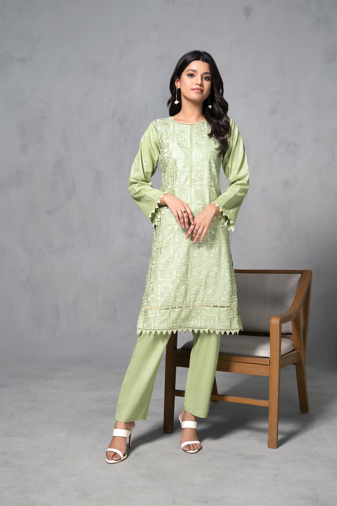 Mint Cotton Thread and Sequence Embroidered Kurta