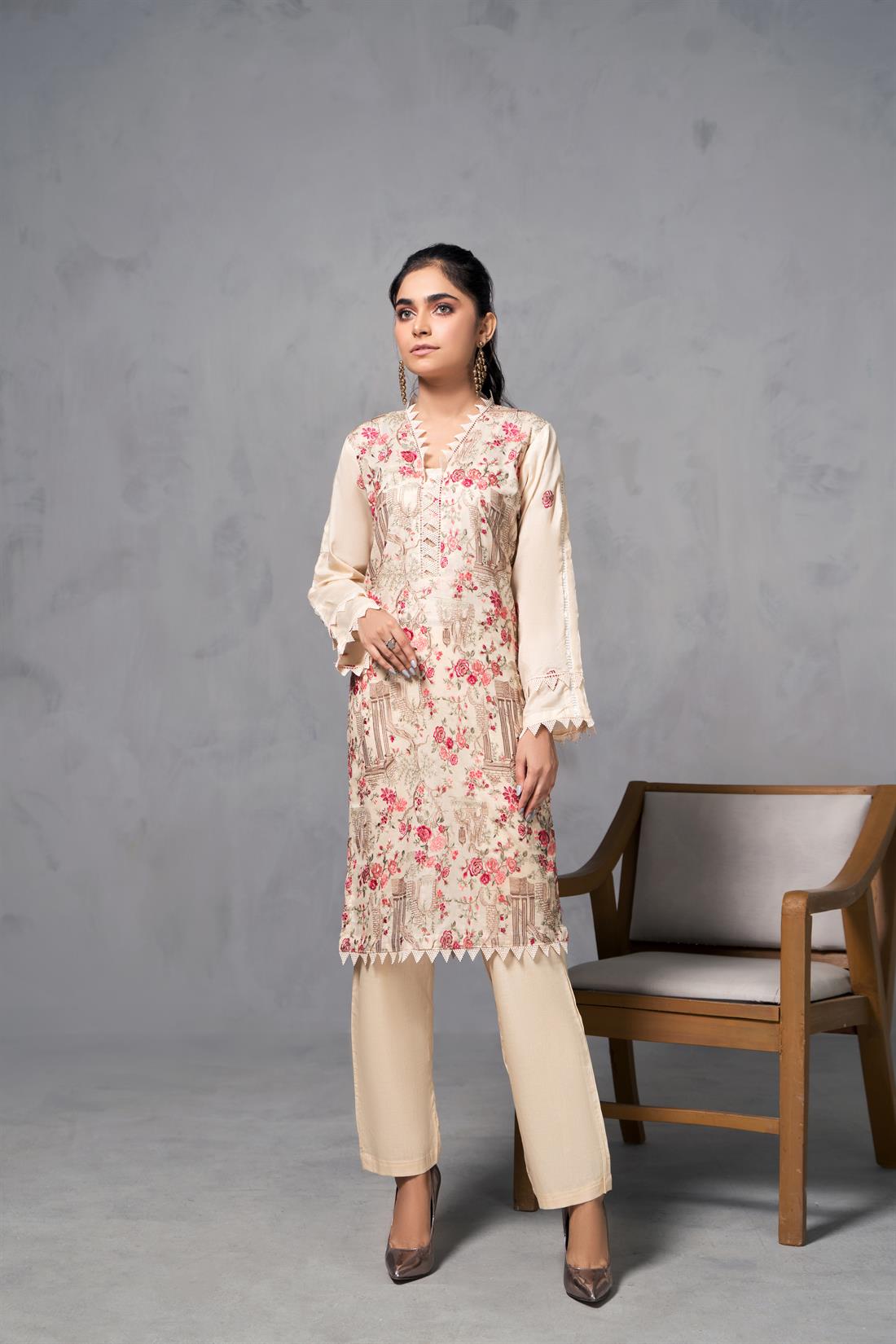 Cream & Multicolour Cotton Floral Resham Embroidered Kurta with Trouser