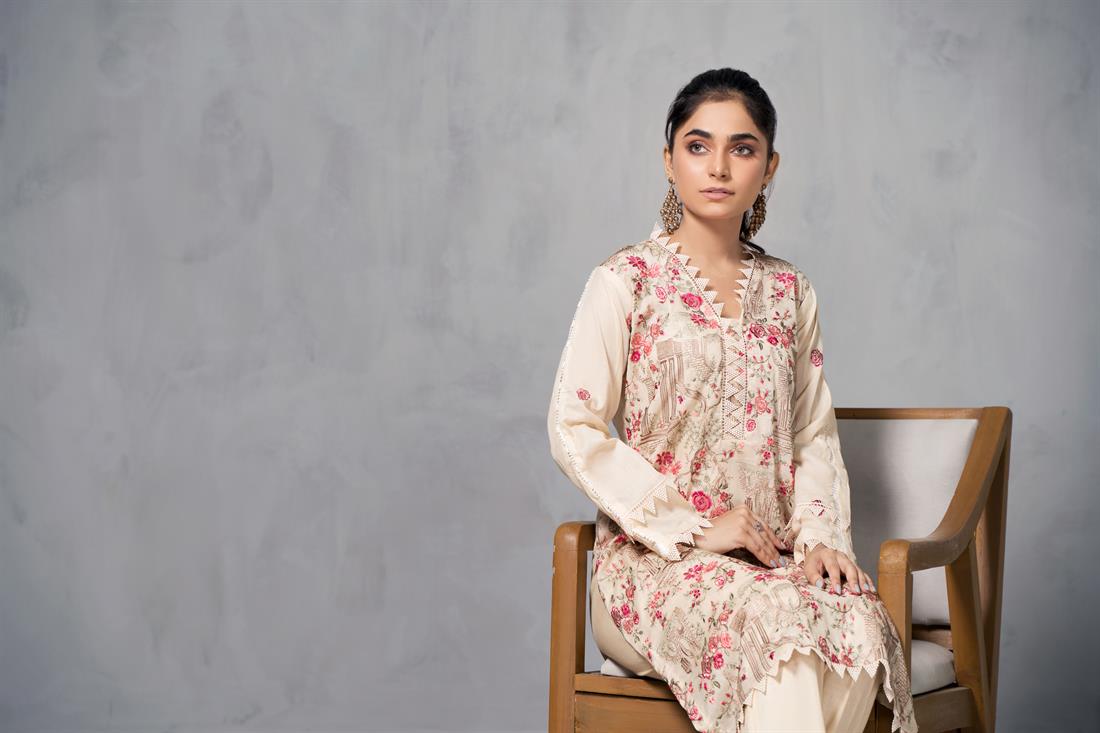 Cream & Multicolour Cotton Floral Resham Embroidered Kurta with Trouser