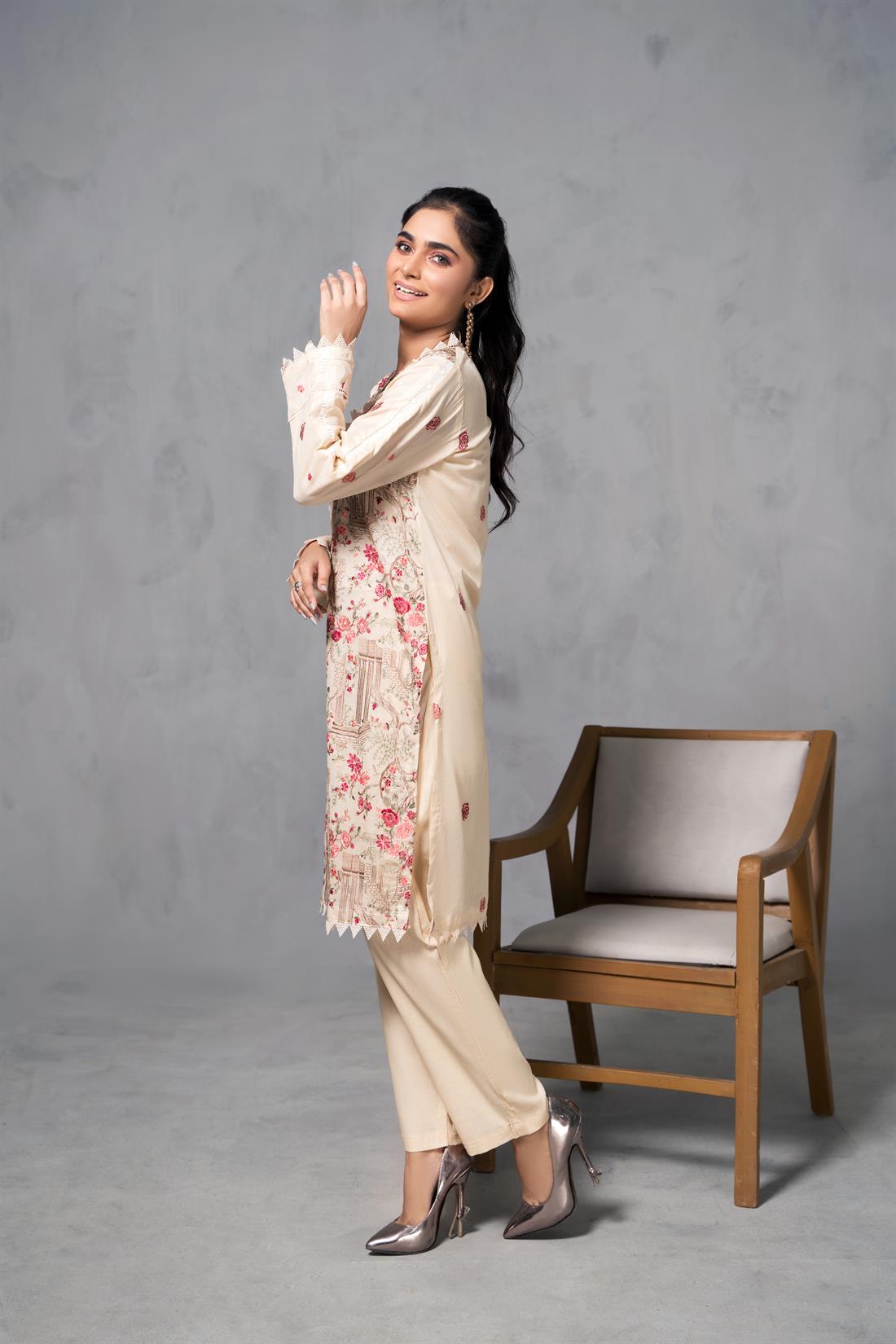 Cream & Multicolour Cotton Floral Resham Embroidered Kurta with Trouser