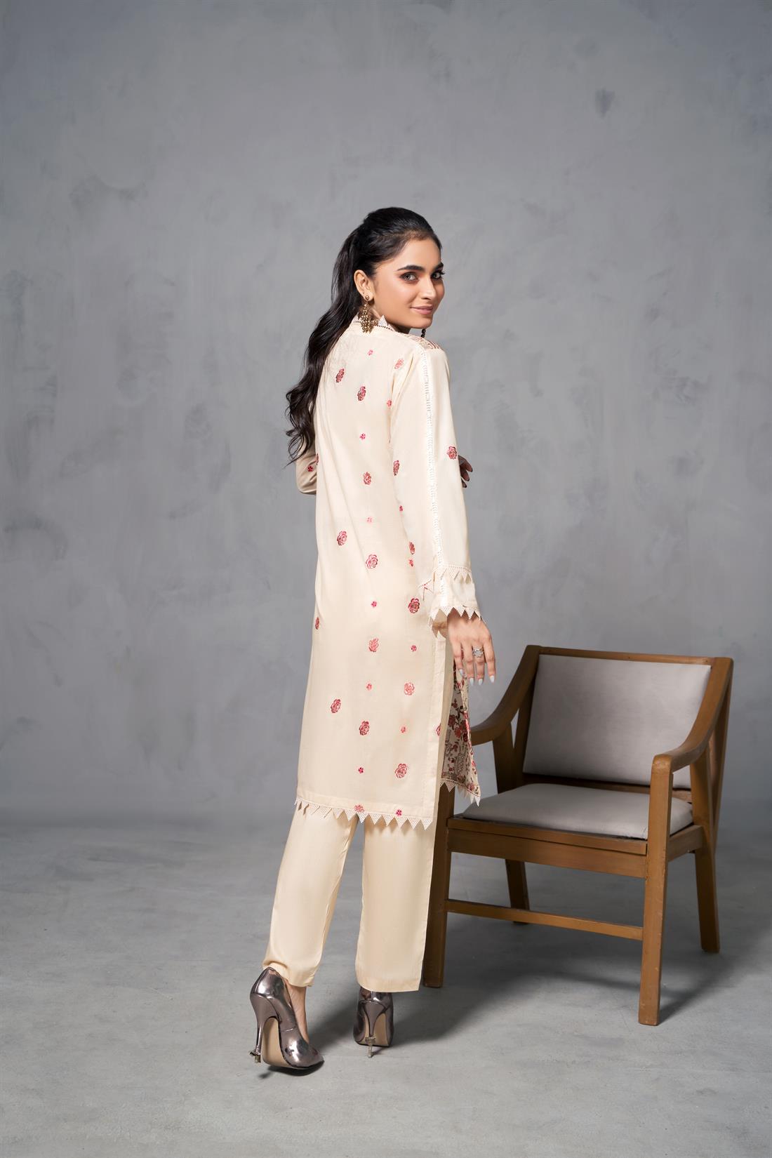 Cream & Multicolour Cotton Floral Resham Embroidered Kurta with Trouser