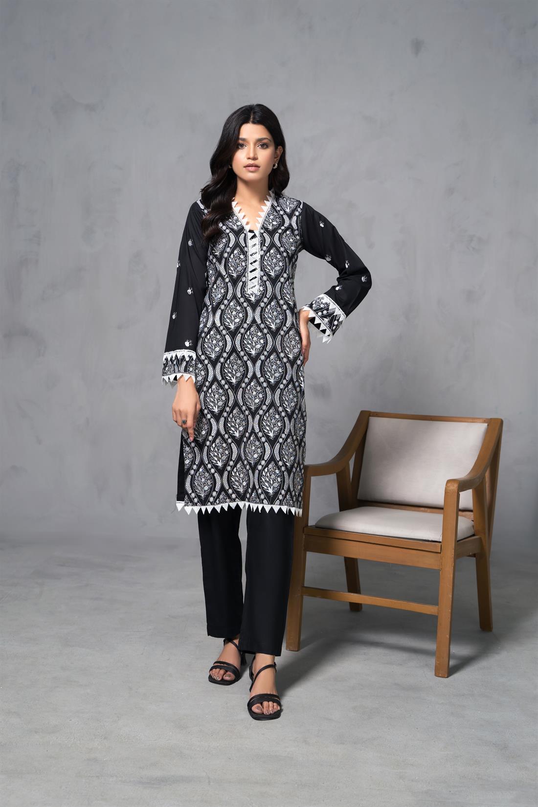 Black Cotton White Thread Embroidered Kurta with Trouser