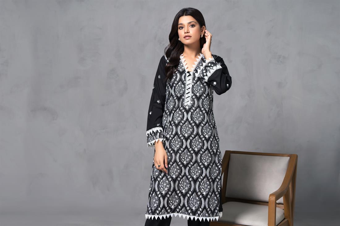 Black Cotton White Thread Embroidered Kurta with Trouser
