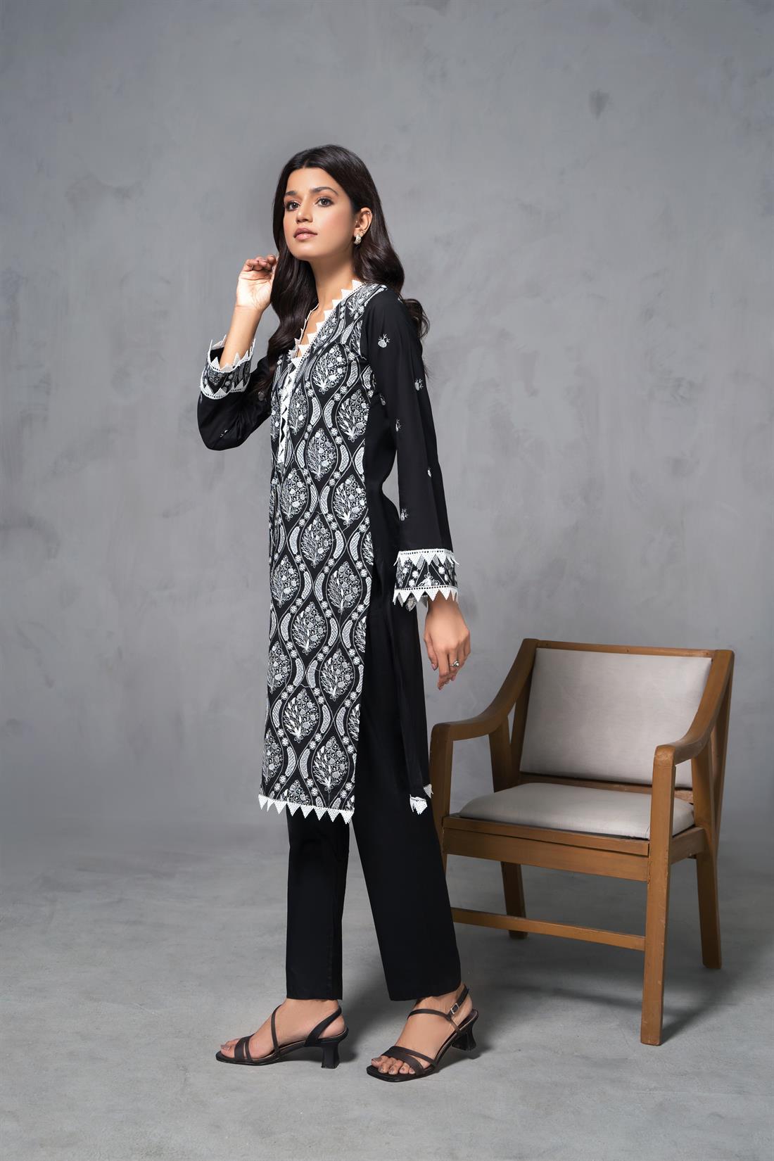 Black Cotton White Thread Embroidered Kurta with Trouser