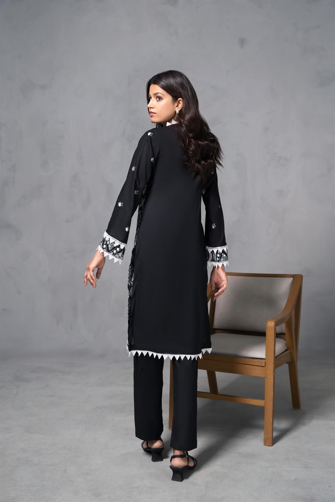 Black Cotton White Thread Embroidered Kurta with Trouser