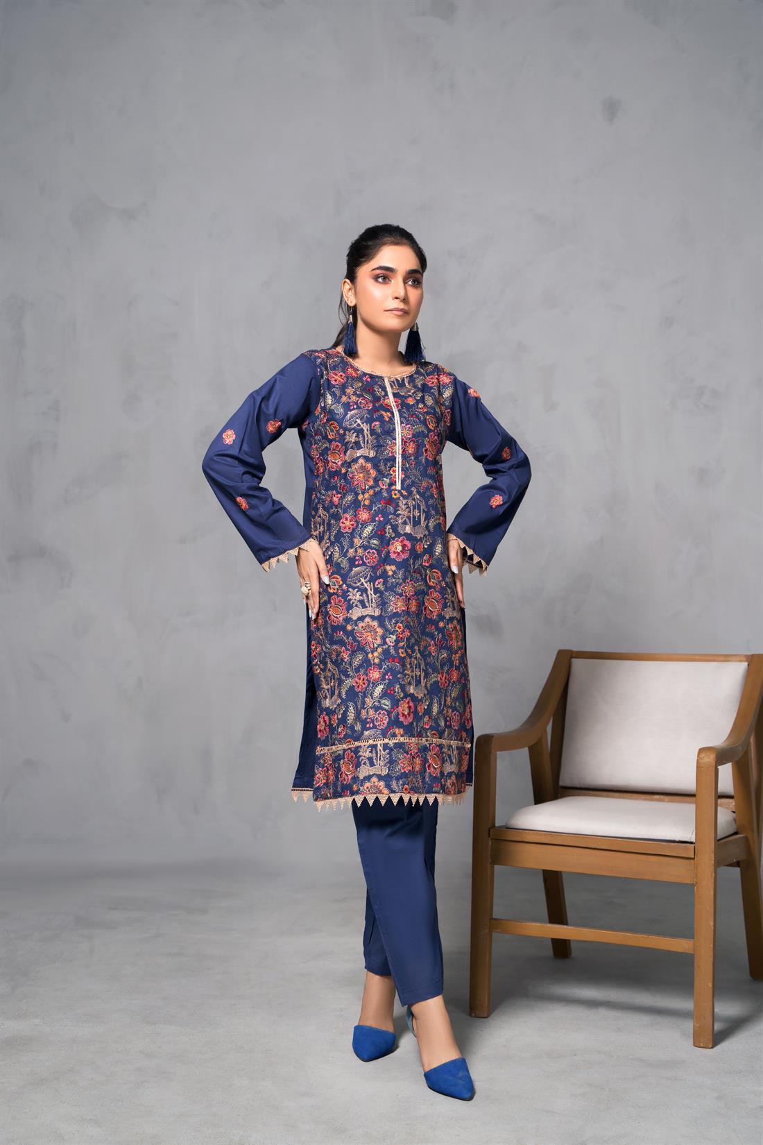 Navy Blue Cotton Thread and Sequence Embroidered Kurta with Trouser