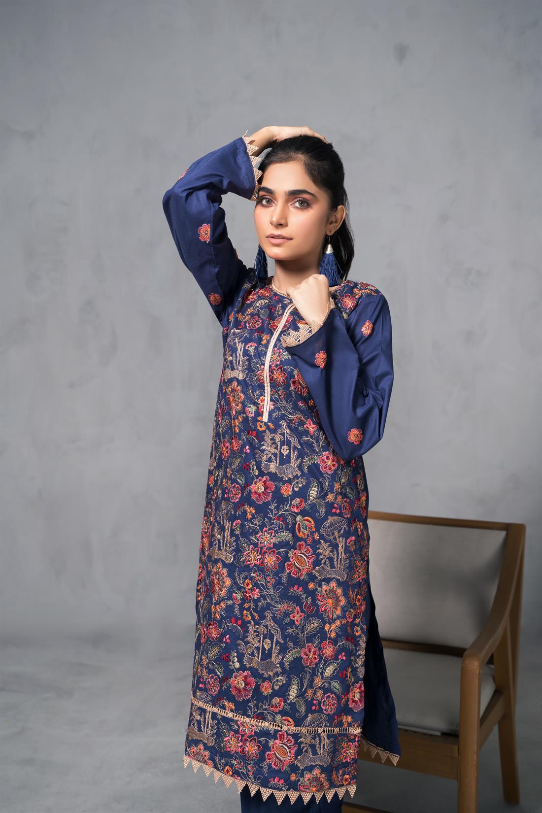 Navy Blue Cotton Thread and Sequence Embroidered Kurta with Trouser