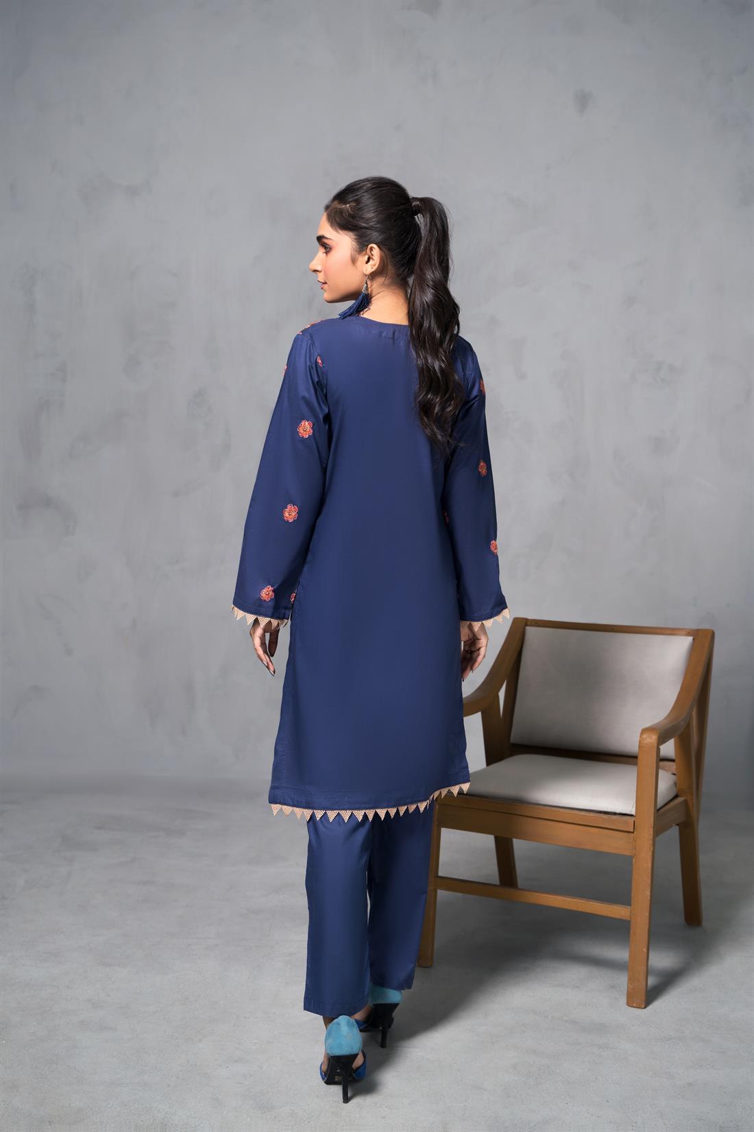 Navy Blue Cotton Thread and Sequence Embroidered Kurta with Trouser