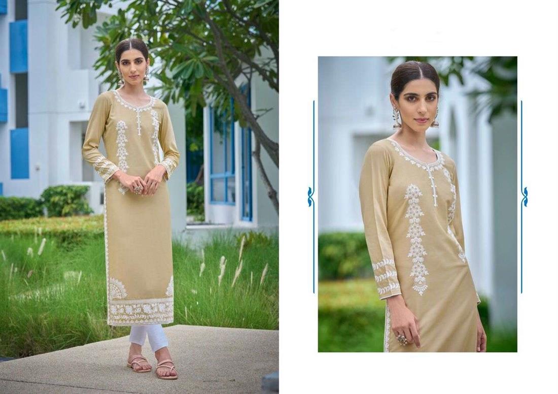 Beige Cotton 2 Piece-rayon Kurti with Bottom