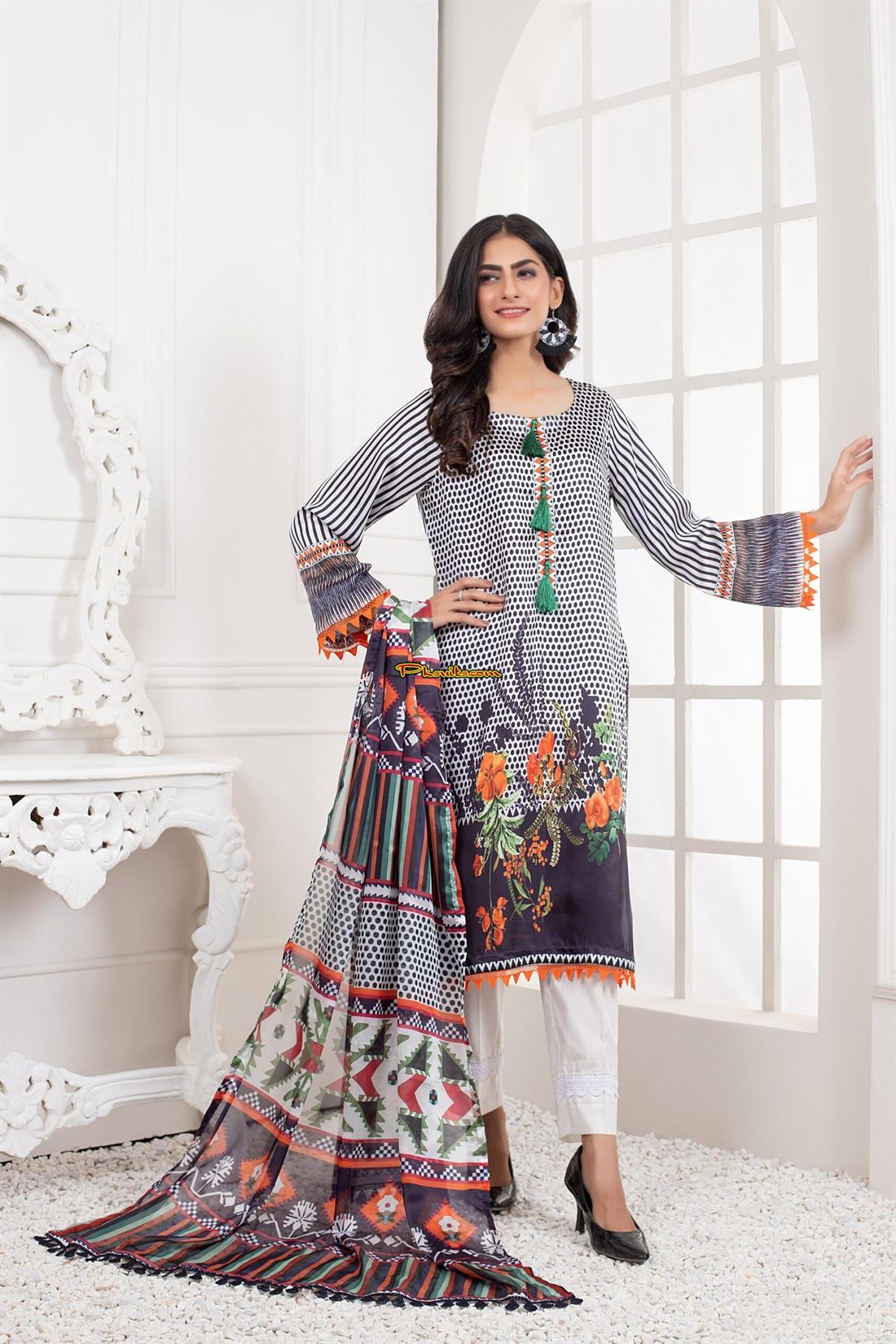 White & Multicolour Printed Charmeuse Silk Shirt & Duppatta