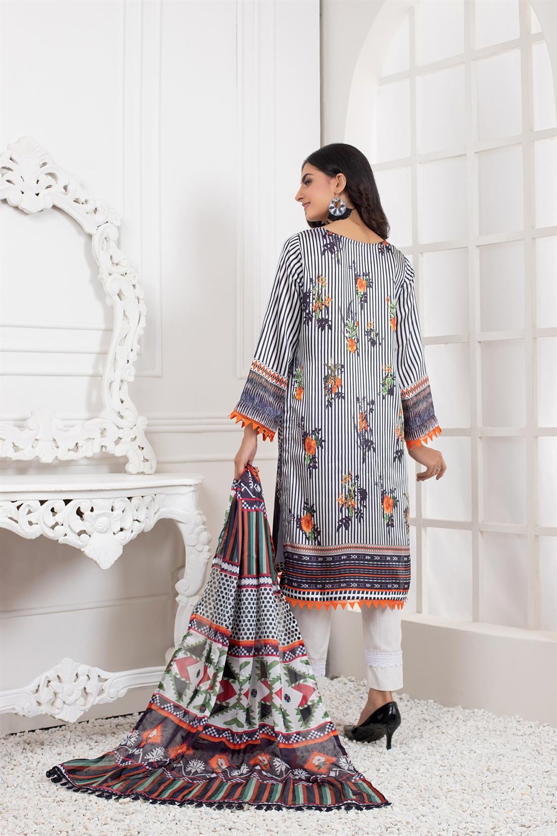 White & Multicolour Printed Charmeuse Silk Shirt & Duppatta