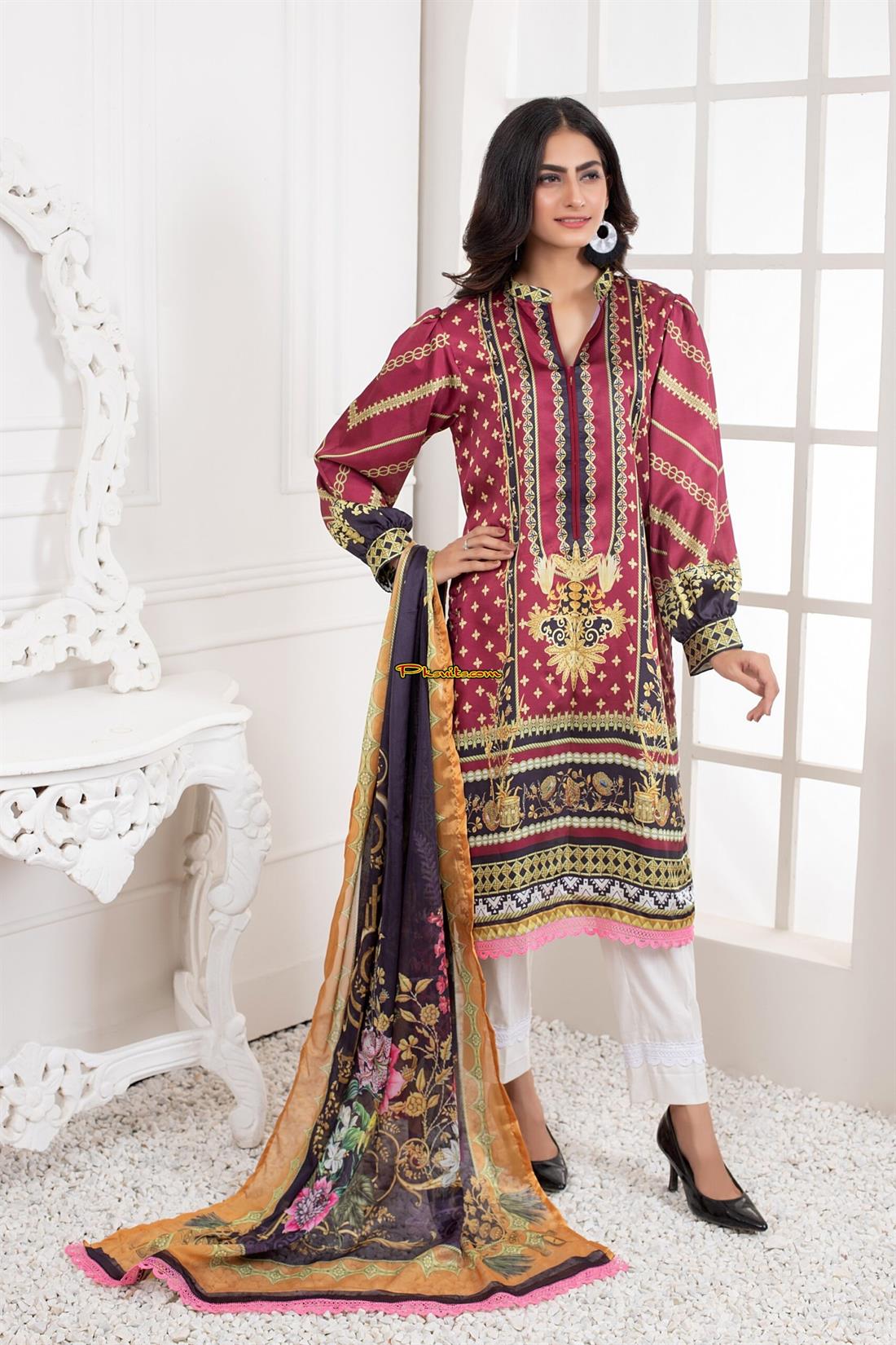 Multicolour Printed Charmeuse Silk Shirt & Duppatta