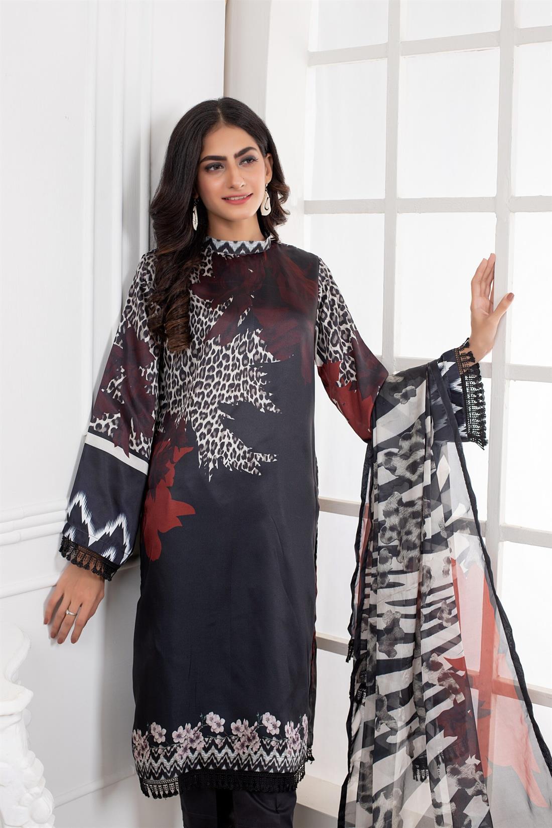 Black & Multicolour Printed Charmeuse Silk Shirt & Duppatta