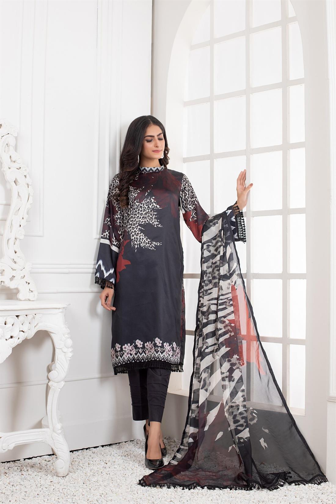 Black & Multicolour Printed Charmeuse Silk Shirt & Duppatta