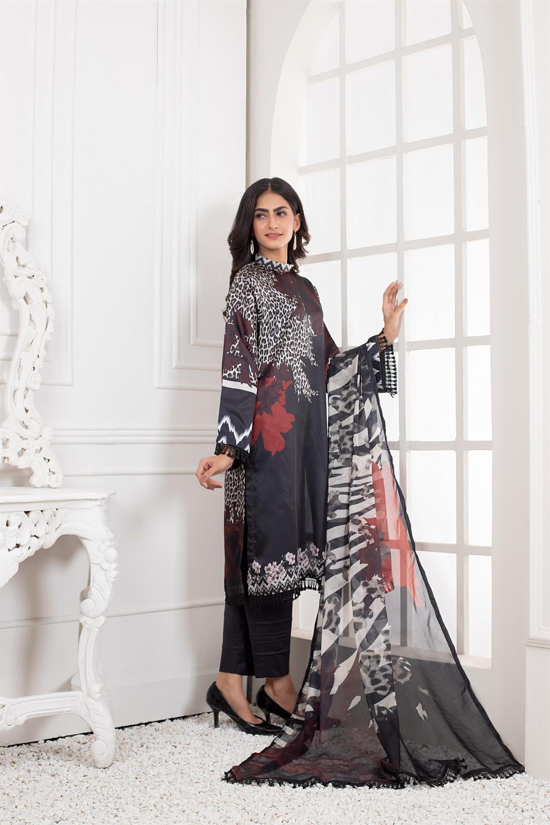 Black & Multicolour Printed Charmeuse Silk Shirt & Duppatta