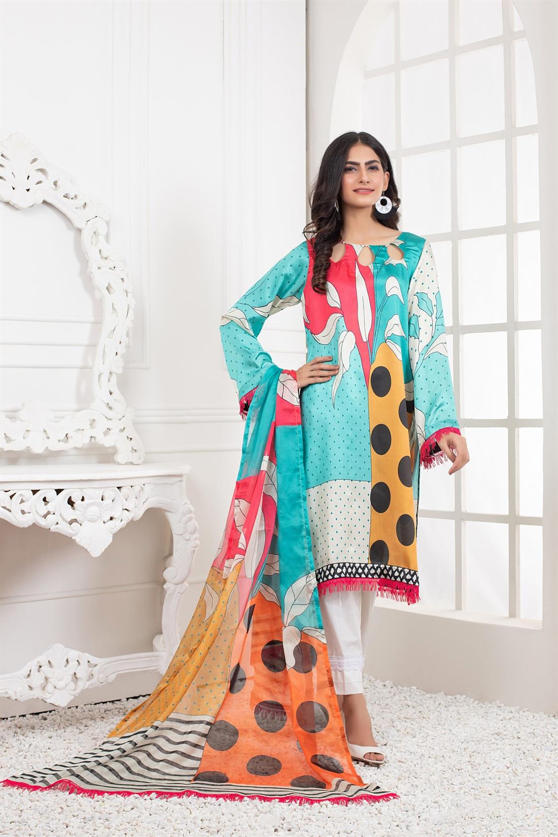 Multicolour Printed Charmeuse Silk Shirt & Duppatta