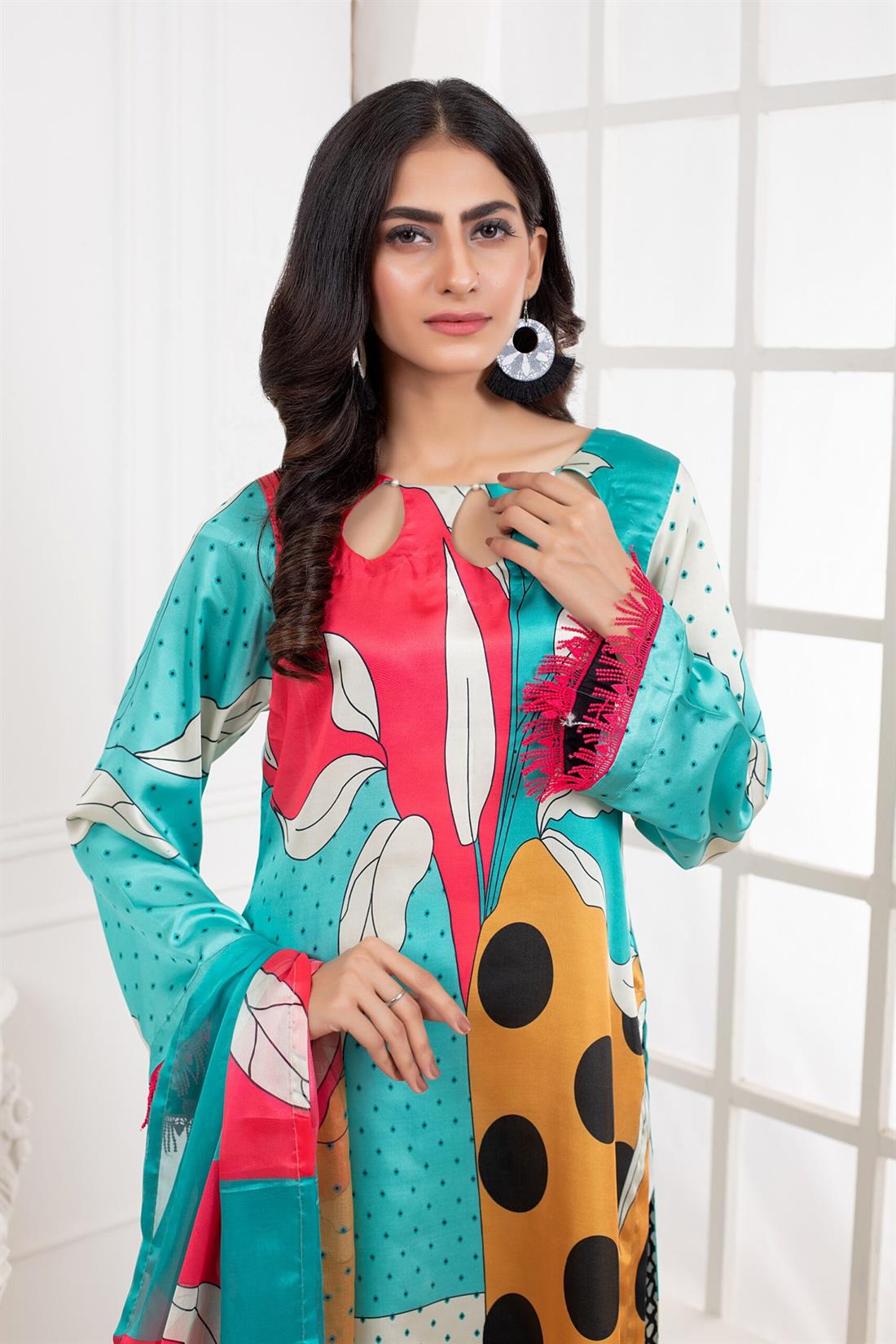 Multicolour Printed Charmeuse Silk Shirt & Duppatta