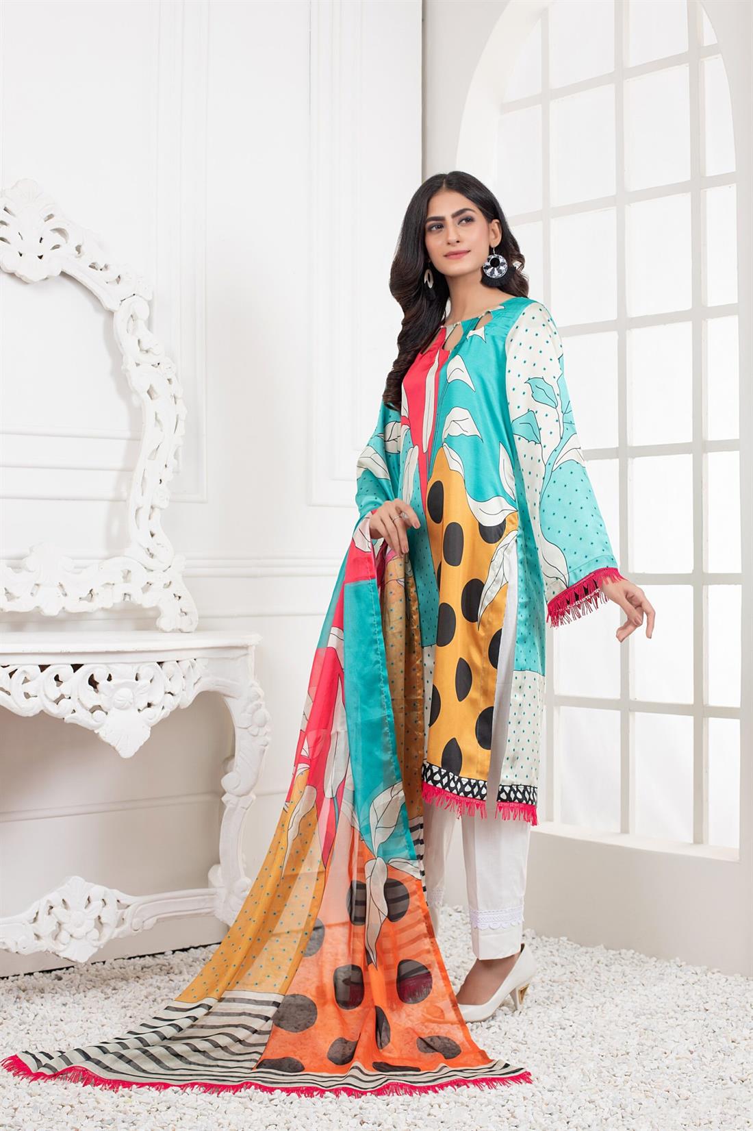 Multicolour Printed Charmeuse Silk Shirt & Duppatta