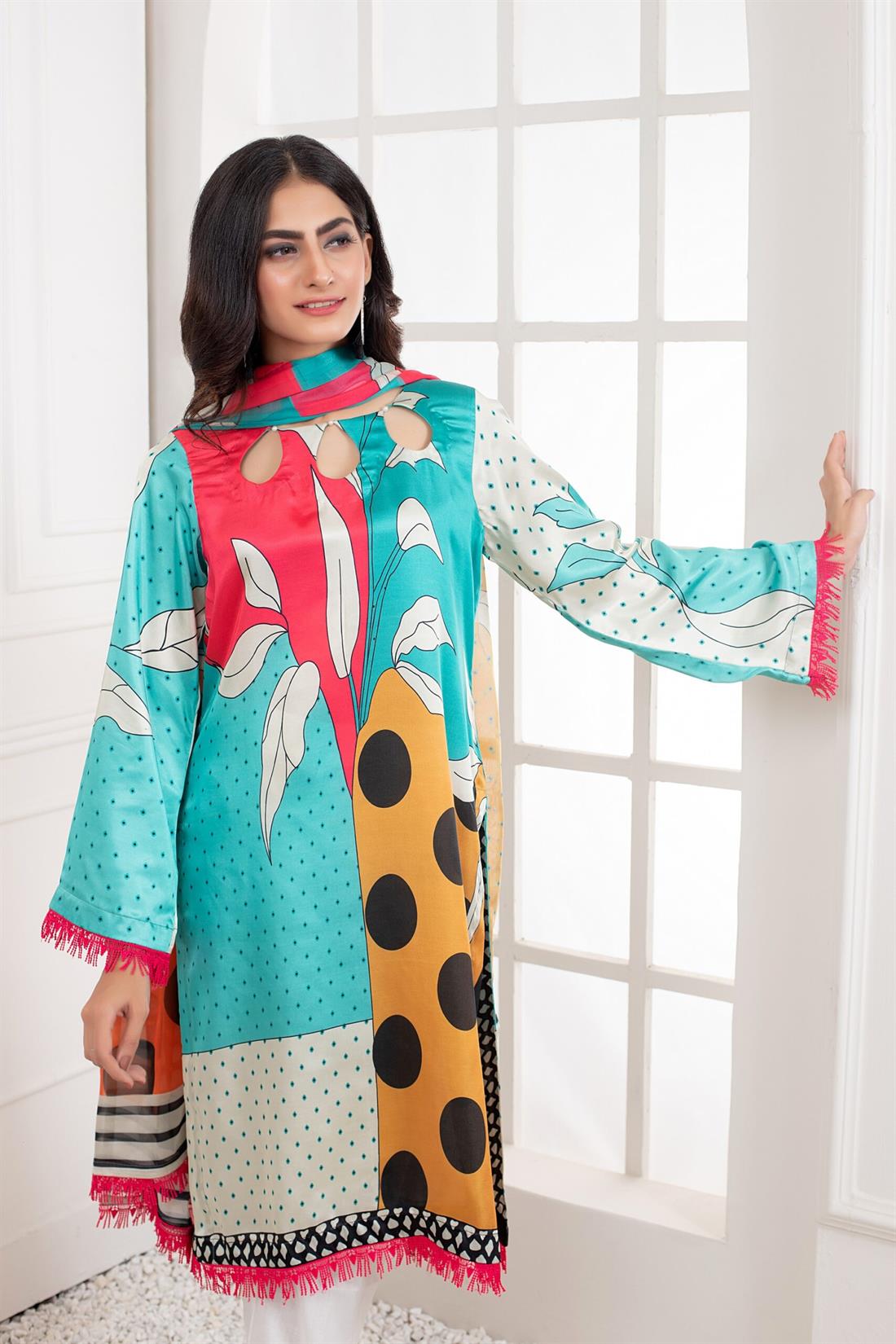 Multicolour Printed Charmeuse Silk Shirt & Duppatta