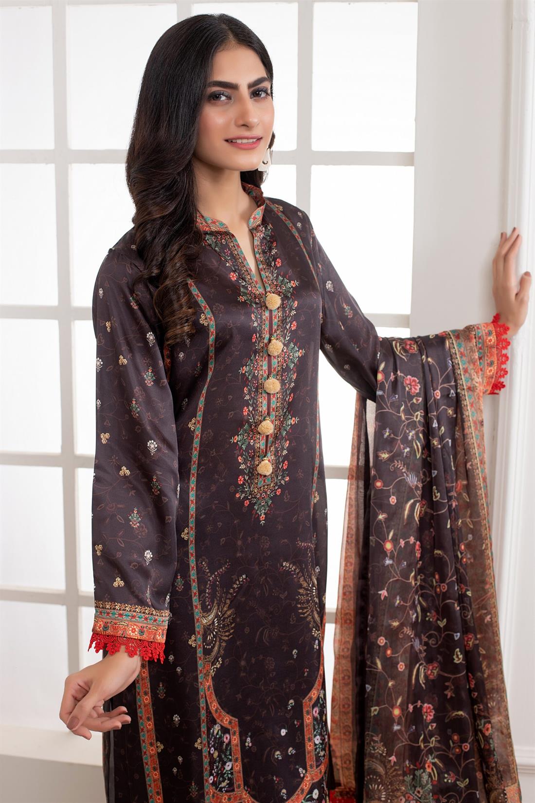 Brown & Multicolour Printed Charmeuse Silk Shirt & Duppatta