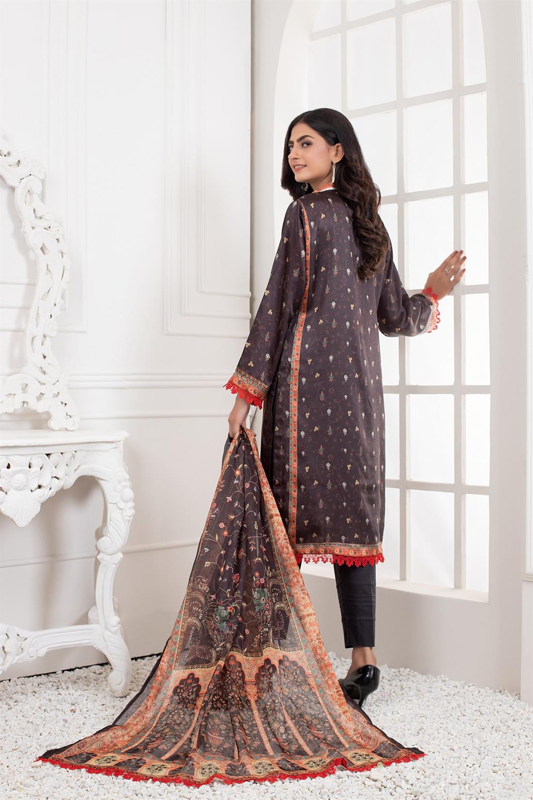 Brown & Multicolour Printed Charmeuse Silk Shirt & Duppatta