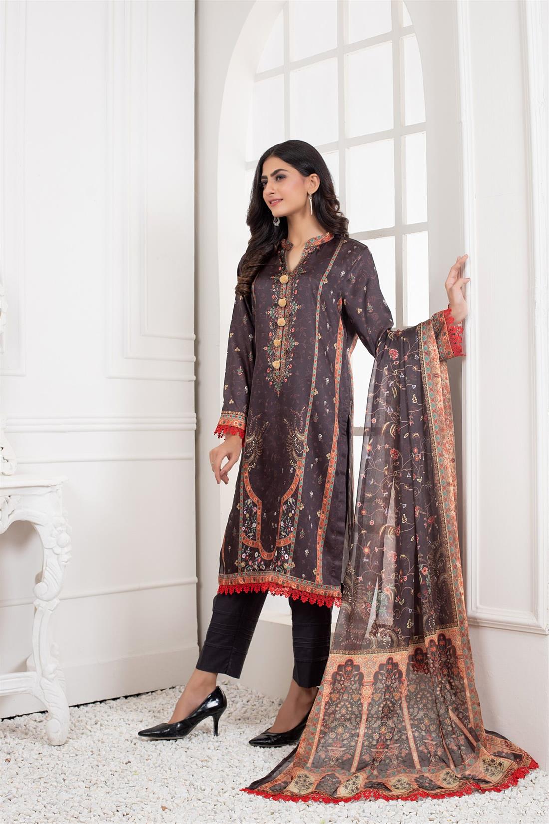 Brown & Multicolour Printed Charmeuse Silk Shirt & Duppatta