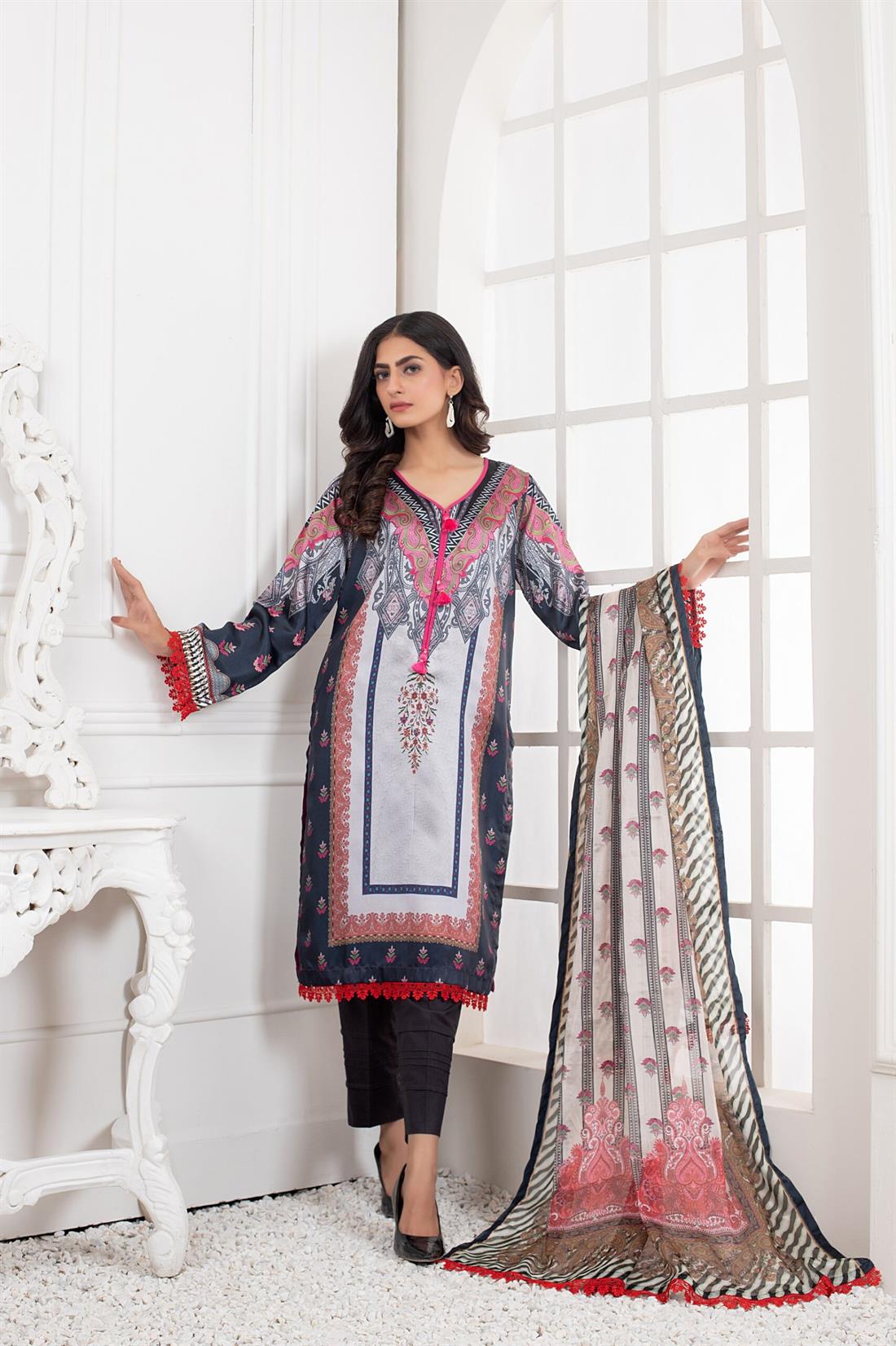 Light Grey & Multicolour Printed Charmeuse Silk Shirt & Duppatta