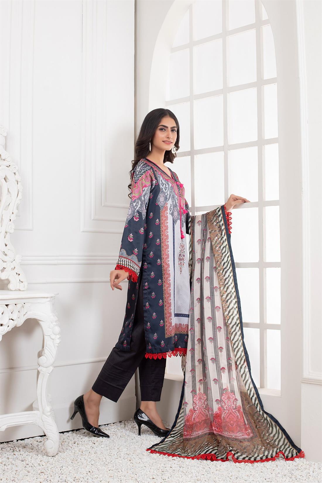 Light Grey & Multicolour Printed Charmeuse Silk Shirt & Duppatta