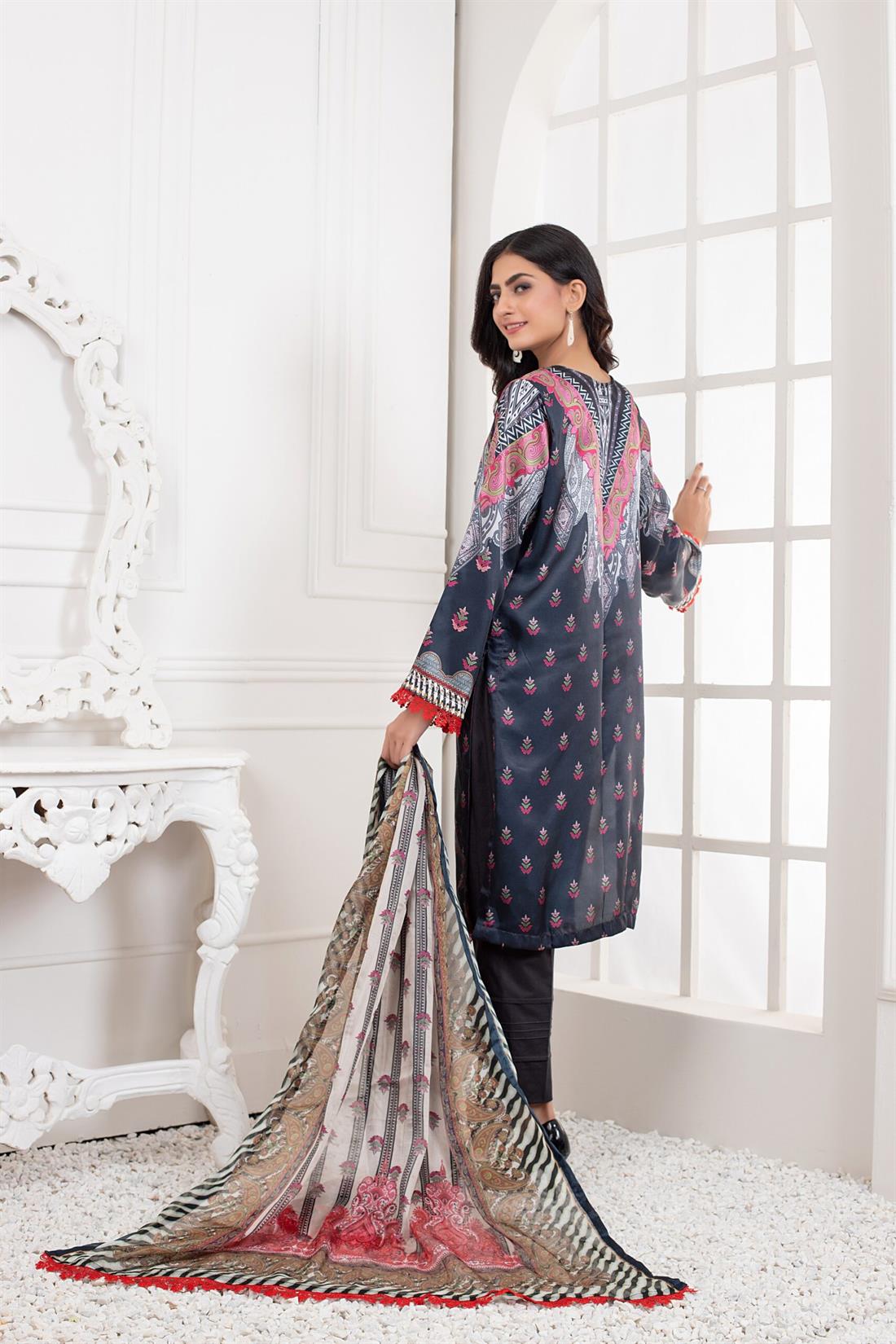 Light Grey & Multicolour Printed Charmeuse Silk Shirt & Duppatta