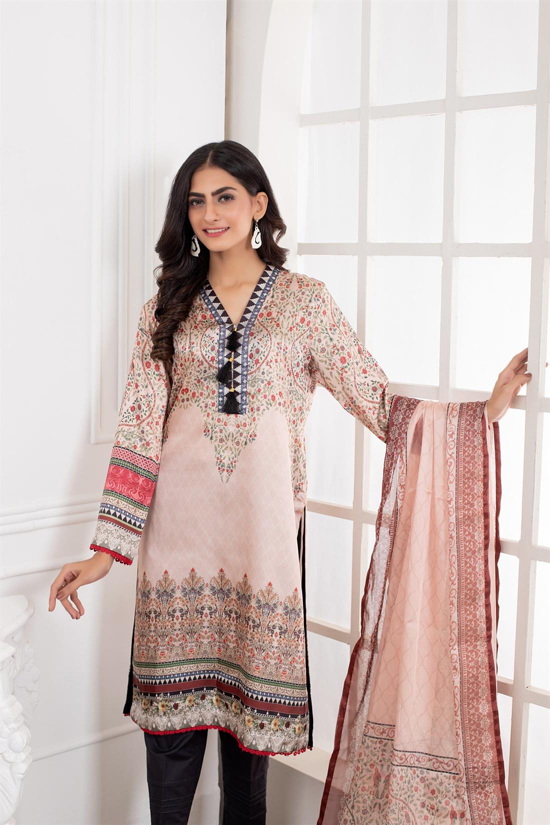 Light Peach & Multicolour Printed Charmeuse Silk Shirt Trouser Suit
