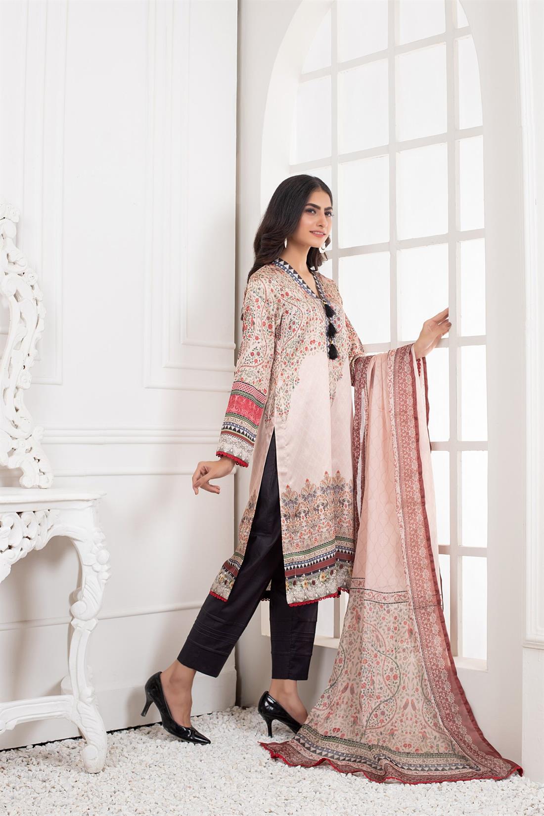Light Peach & Multicolour Printed Charmeuse Silk Shirt Trouser Suit