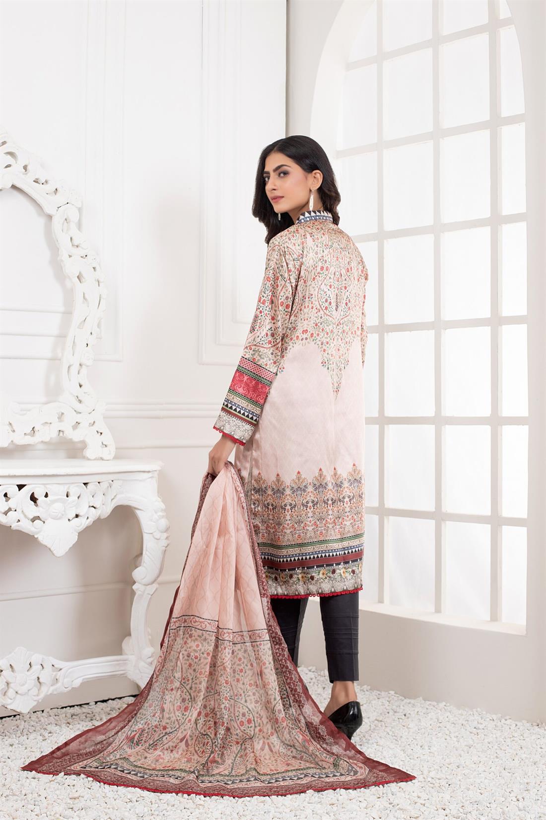 Light Peach & Multicolour Printed Charmeuse Silk Shirt Trouser Suit