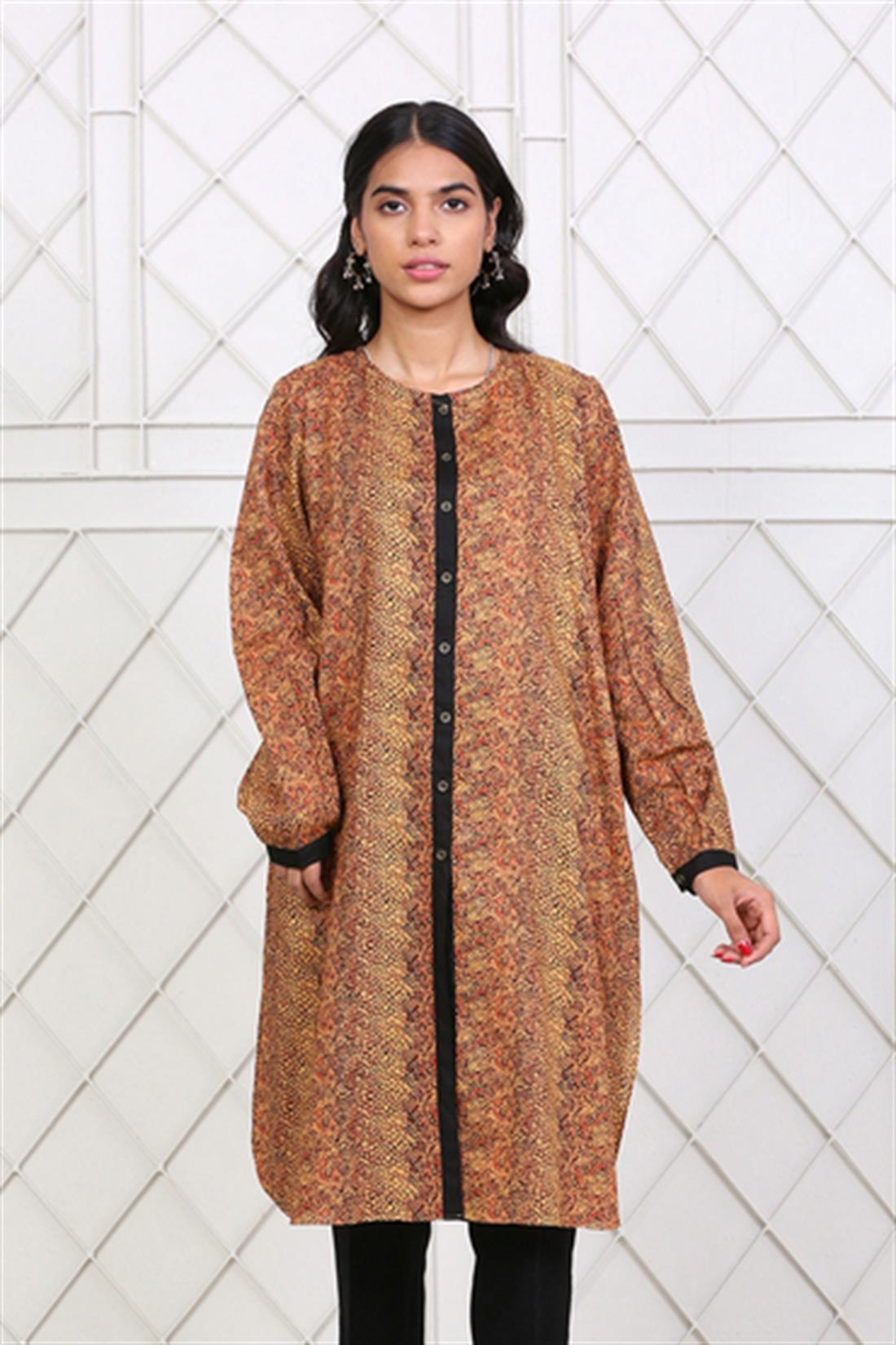 Golden Printed Brown Cambric Shirt with Full Sleeves