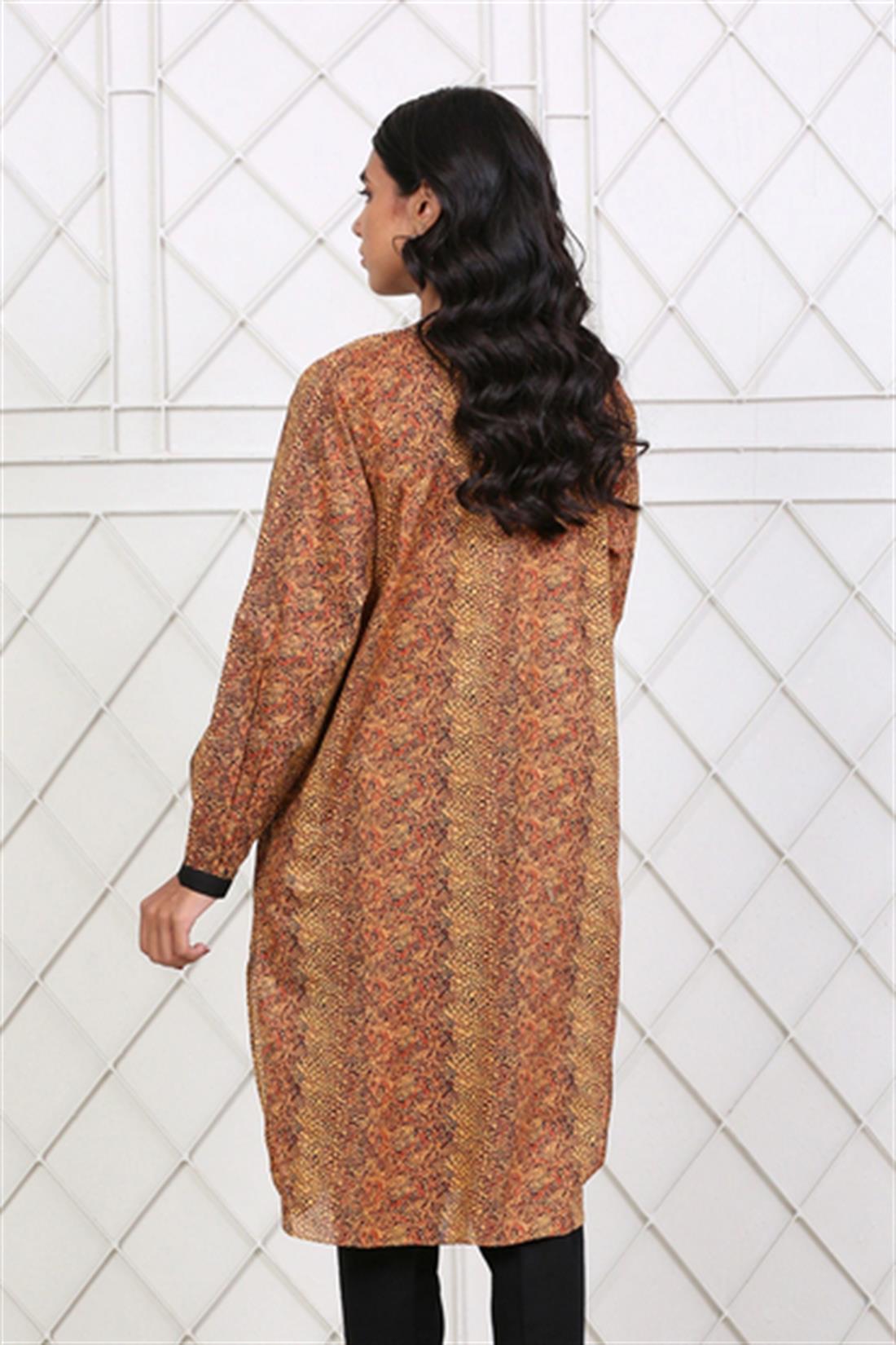 Golden Printed Brown Cambric Shirt with Full Sleeves