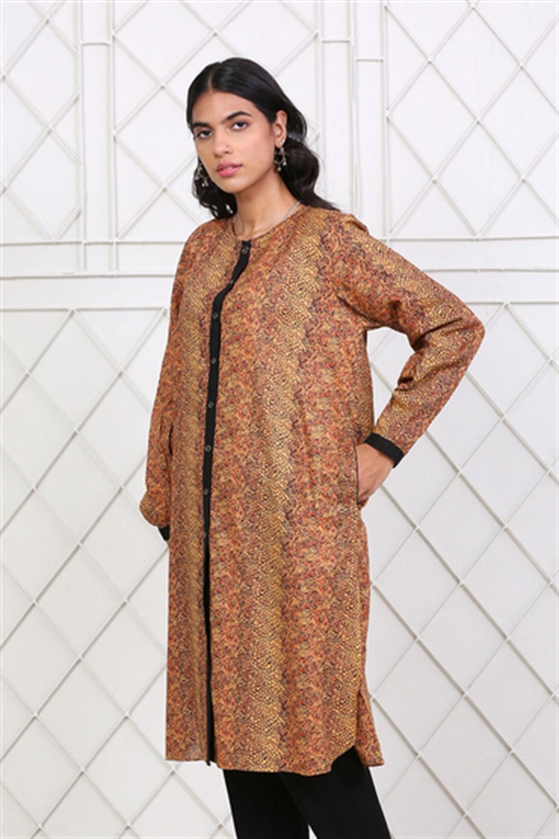 Golden Printed Brown Cambric Shirt with Full Sleeves