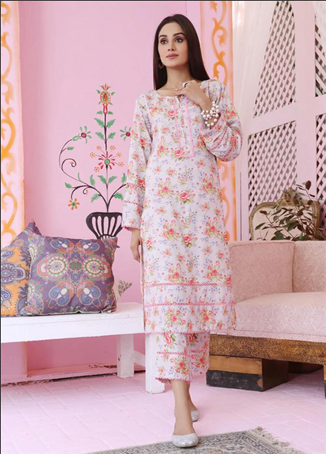 Pale Pink & Multicolour Printed Linen Ladies Tunics and Kurta
