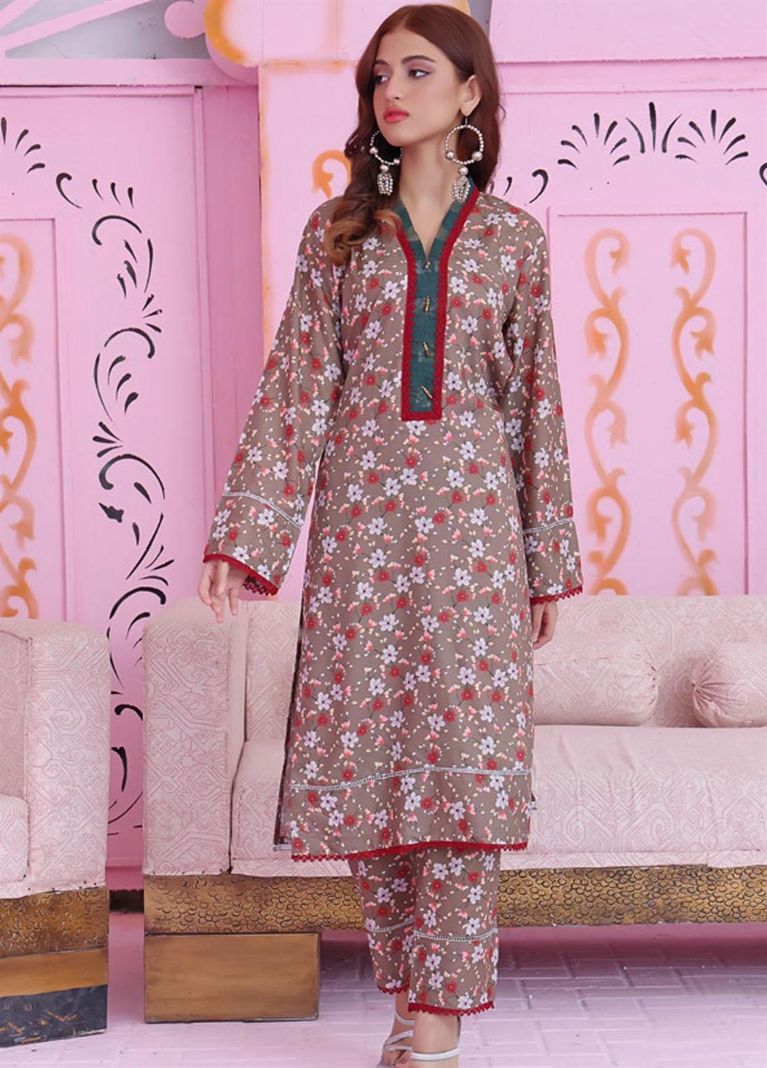 Khakhi Green 2 Piece Linen Printed Stitched Suit in Khaki Color