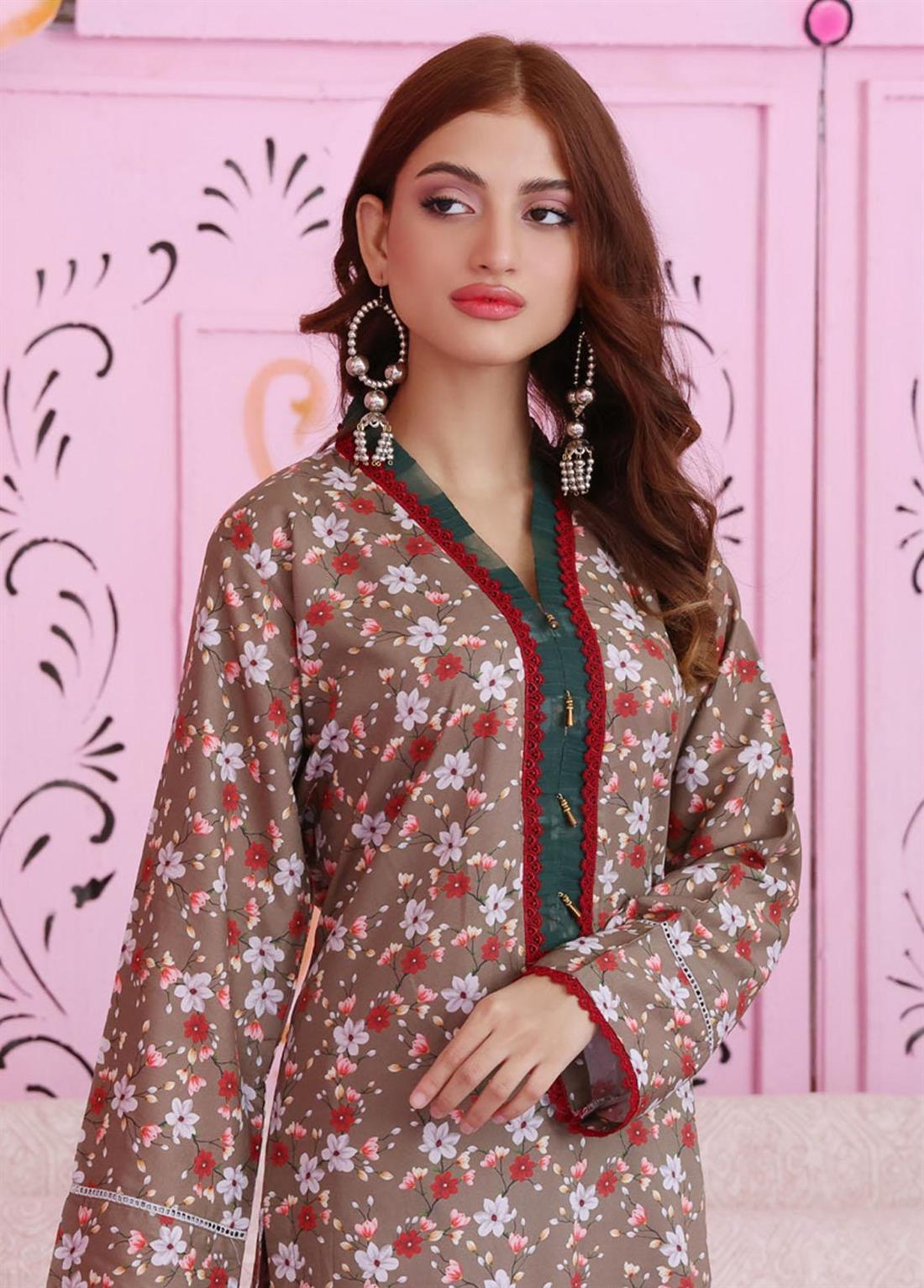 Khakhi Green 2 Piece Linen Printed Stitched Suit in Khaki Color